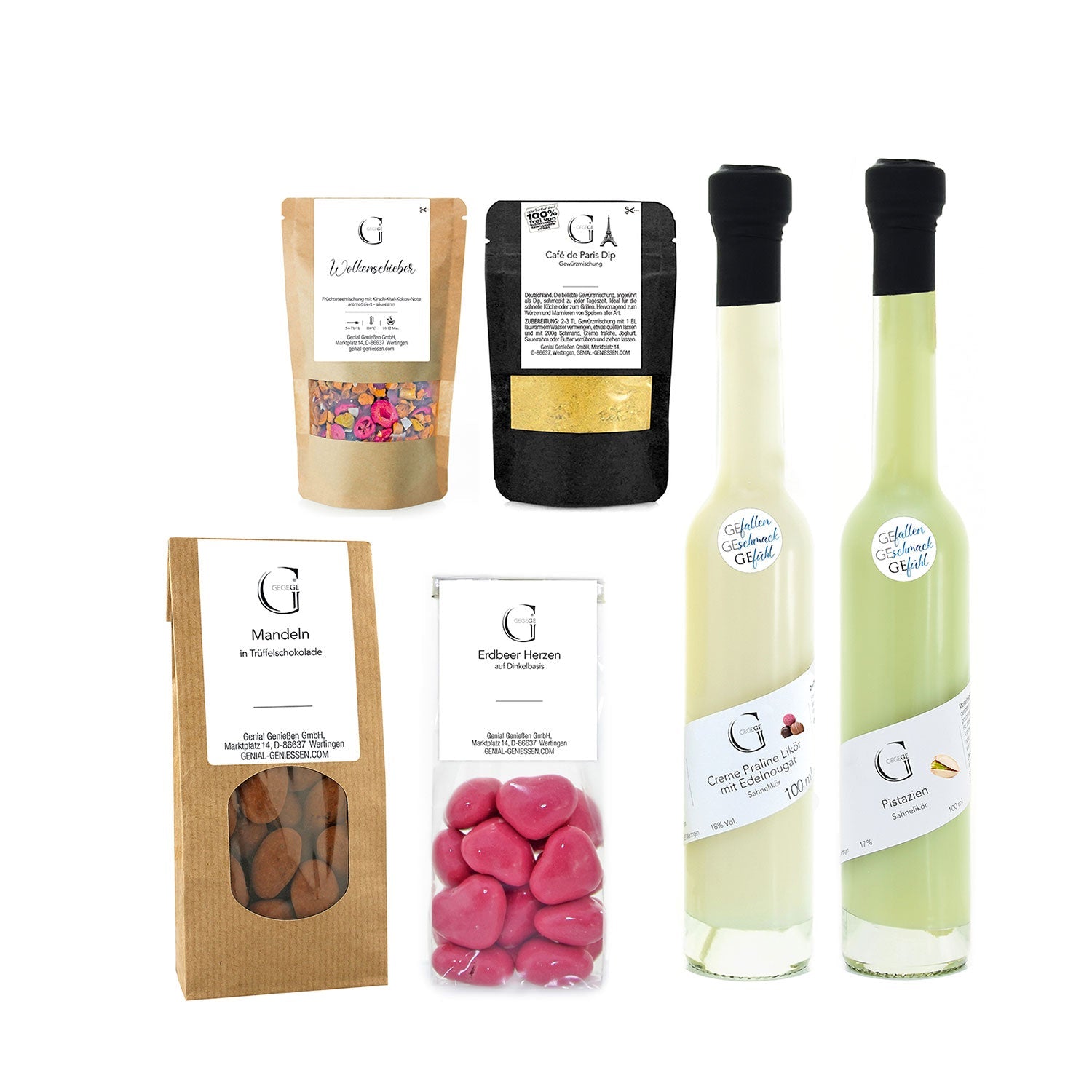 Das Grüße vom Osterhasen – Geschenkset enthält zwei große Pistazien-Sahnelikör-Flaschen, eine kleinere konzentrierte Flüssigkeitsflasche, Mandeln in Trüffelschokolade und zwei Kräuter- und Gewürzpäckchen, alle elegant verpackt mit eleganten, modernen Etiketten.