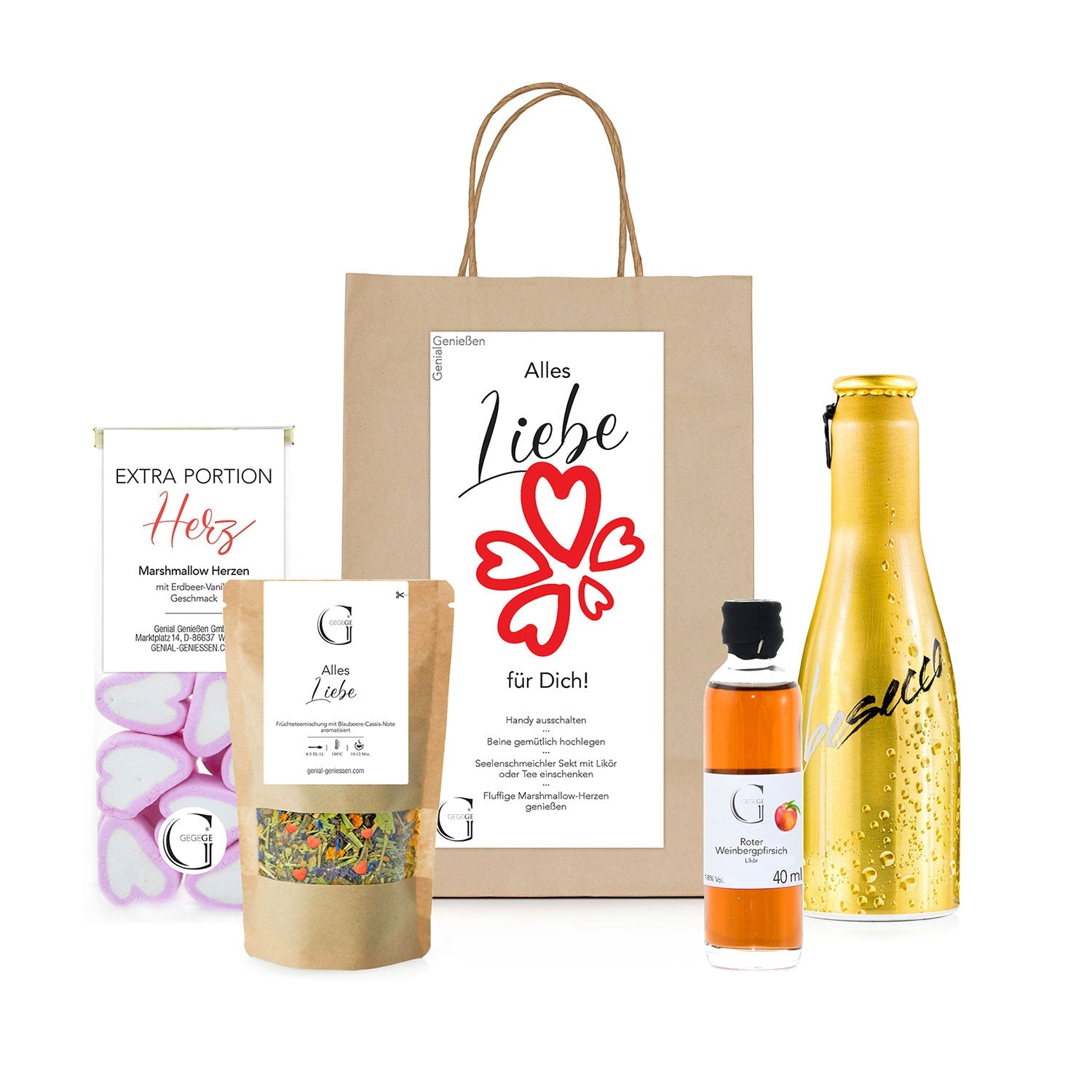 Entdecken Sie unsere Alles Liebe für Dich – Geschenktüte, bestehend aus einer eleganten Flasche mit schwarzem Verschluss, einer goldenen Flasche und zwei Leckerli-Paketen mit Herzmotiv. Diese romantische Geschenktüte mit der Aufschrift „Alles Liebe“ ist die perfekte Auswahl an Geschenken für Frauen.
