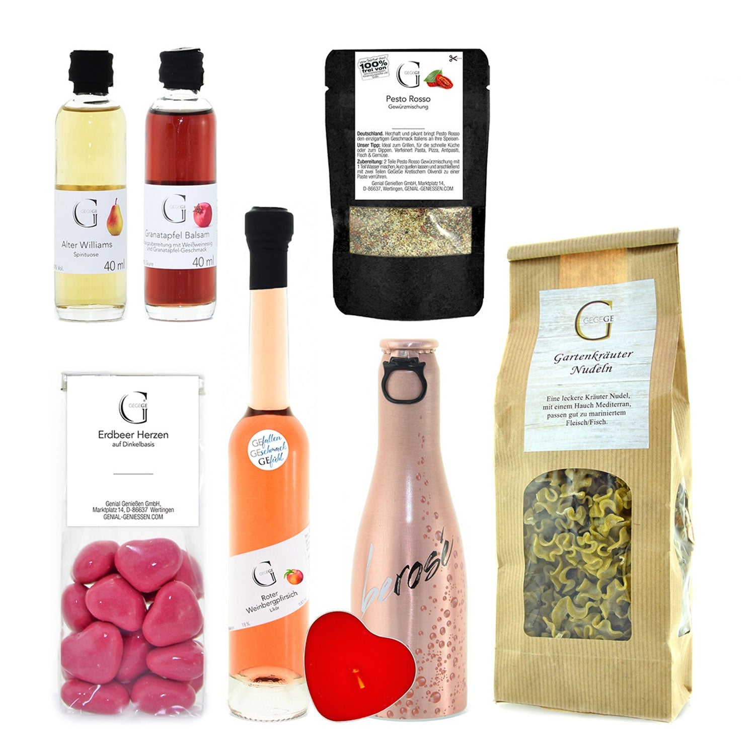 Genießen Sie ein Gourmet-Erlebnis mit dem „Dinner für Zwei – Koch-Geschenk“, ideal als Geschenk für Pärchen. Enthält zwei kleine Schnapsflaschen, Pesto Rosso, Kräuternudeln, herzförmige Bonbons und eine Spirituosenflasche in Rosa sowie einen roten herzförmigen Artikel für einen romantischeren Abend.