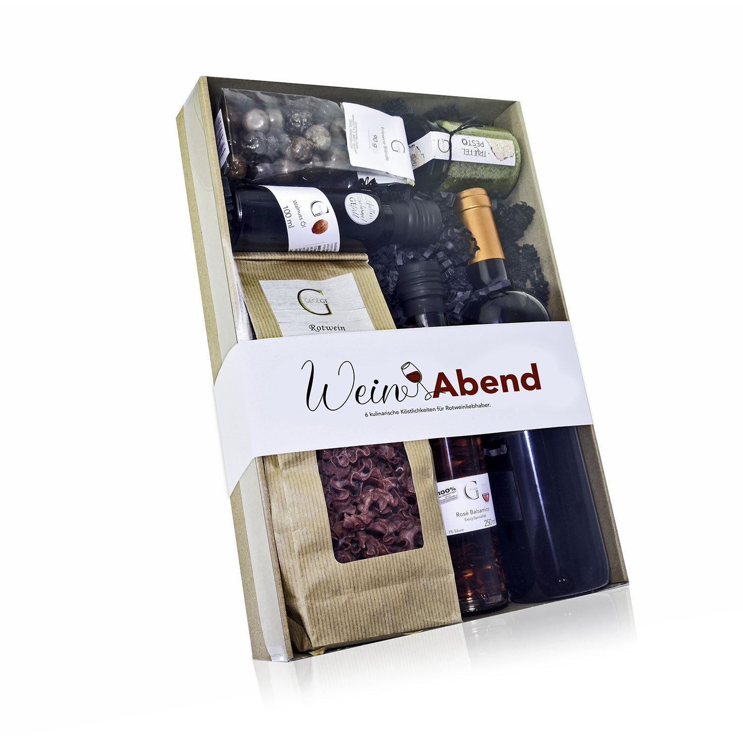 Die Geschenkbox „Weinabend Geschenk“ ist ideal für Weinliebhaber und enthält zwei Weinflaschen, Schokoladentrüffel, Pasta und Gewürze, alles elegant arrangiert in einer durchsichtigen Kunststoffbox mit dekorativem Band.