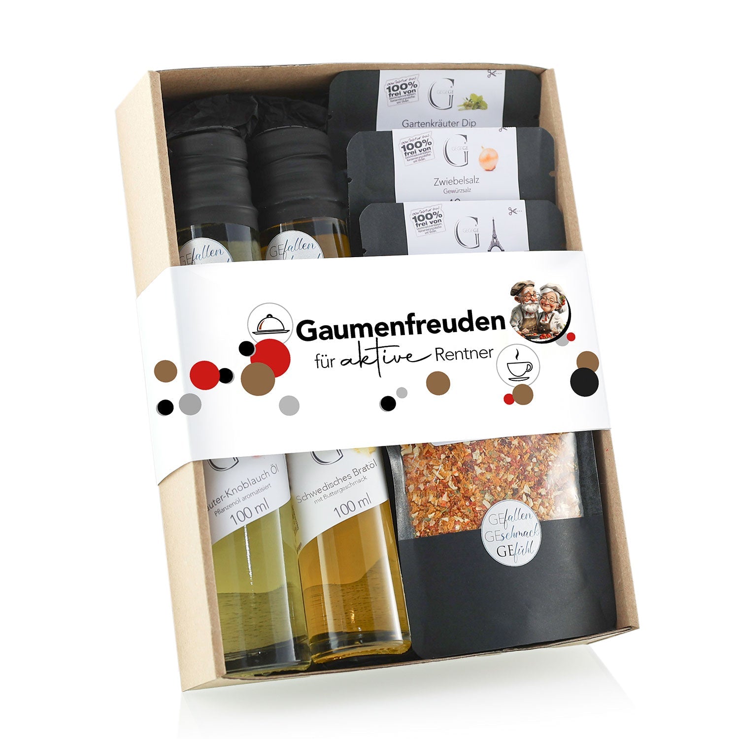 Das „Gaumenfreuden für aktive Rentner – Geschenkset“ umfasst zwei Flaschen aromatisches Kräuter-Knoblauch-Öl, drei Gewürzbeutel „Mango Chili Dip Gewürz“ und eine deutsche Genusskarte für aktive Rentner. Es wird in einer gepunkteten Verpackung mit verspielter Schriftart präsentiert.