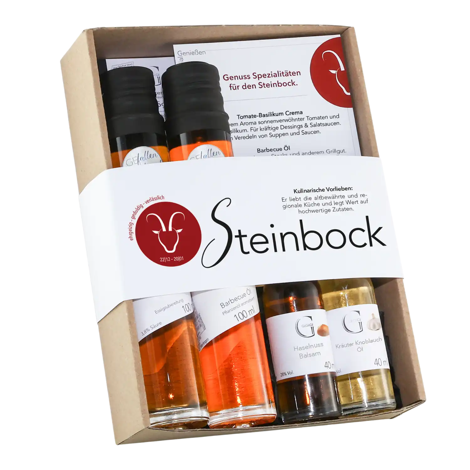 Das Sternzeichen-Set – Steinbock kommt in einer Box mit Ziegenkopf-Motiv, enthält Gourmet-Öle, Essige und eine deutsche Info-Karte – ideal für alle, die kulinarische Spezialitäten schätzen.