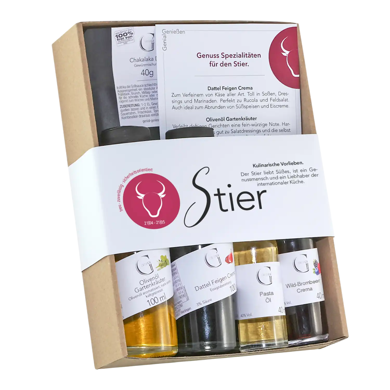 Das Sternzeichen-Set – Stier ist eine Geschenkbox mit Gläsern und Flaschen mit Feinkost wie Olivenöl, Feigencreme, Pasta, Waldbrombeercreme und Schokolade, alles in einer übersichtlich angeordneten Kartonschale mit deutschen Beschreibungen.