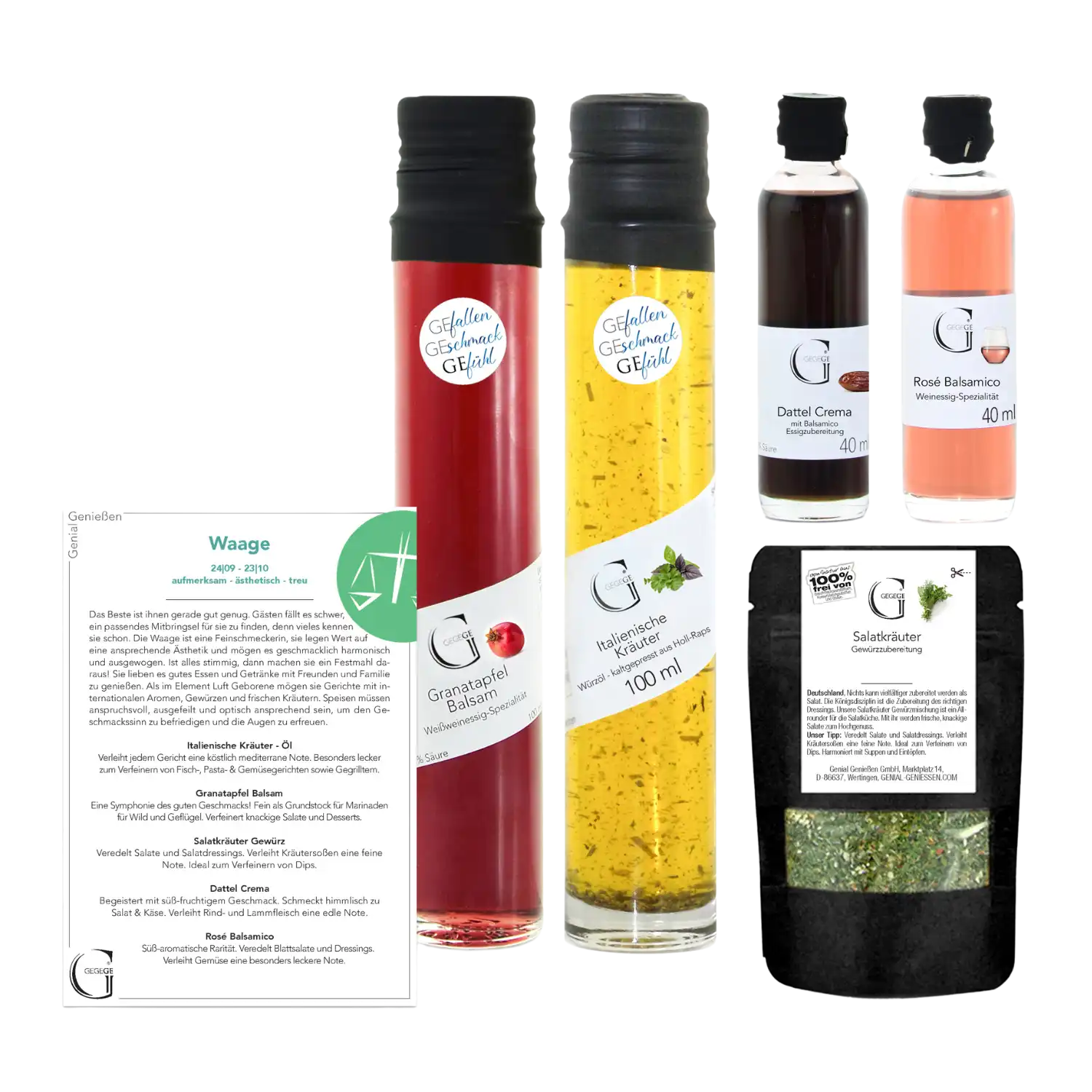 Das Sternzeichen-Set – Waage enthält Gourmet-Lebensmittel: zwei hohe Glasflaschen mit roter und gelber Flüssigkeit, zwei kleine Flaschen mit dunklem und rosa Inhalt, ein Päckchen mit Gewürzmischung und eine Rezeptkarte.