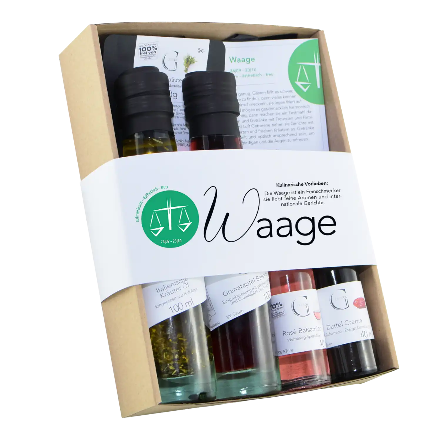 Das Sternzeichen-Set – Waage ist eine Geschenkbox mit drei Glasflaschen mit verschiedenen Gourmet-Ölen und -Essigen, die in deutscher Sprache beschriftet sind und ein weißes Band mit der Aufschrift „Waage“ und ein grünes Waage-Logo auf der Verpackung aufweisen.