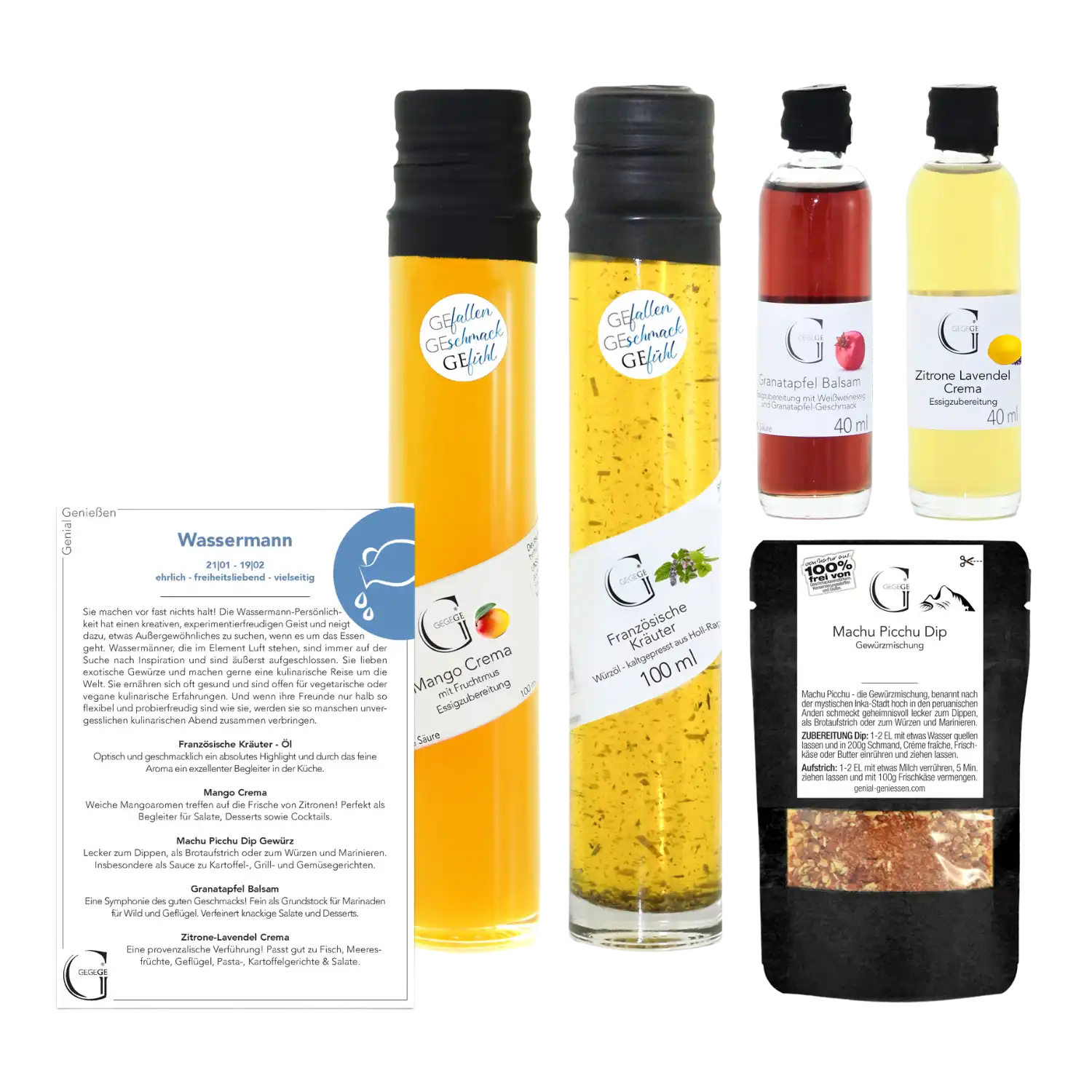 Das Sternzeichen-Set – Wassermann enthält drei Glasflaschen mit Dressings oder Ölen, eine kleine Flasche mit roter Flüssigkeit, ein Gewürz- oder Kräuterpäckchen und eine Infokarte in deutscher Sprache mit dem Sternzeichen Wassermann.