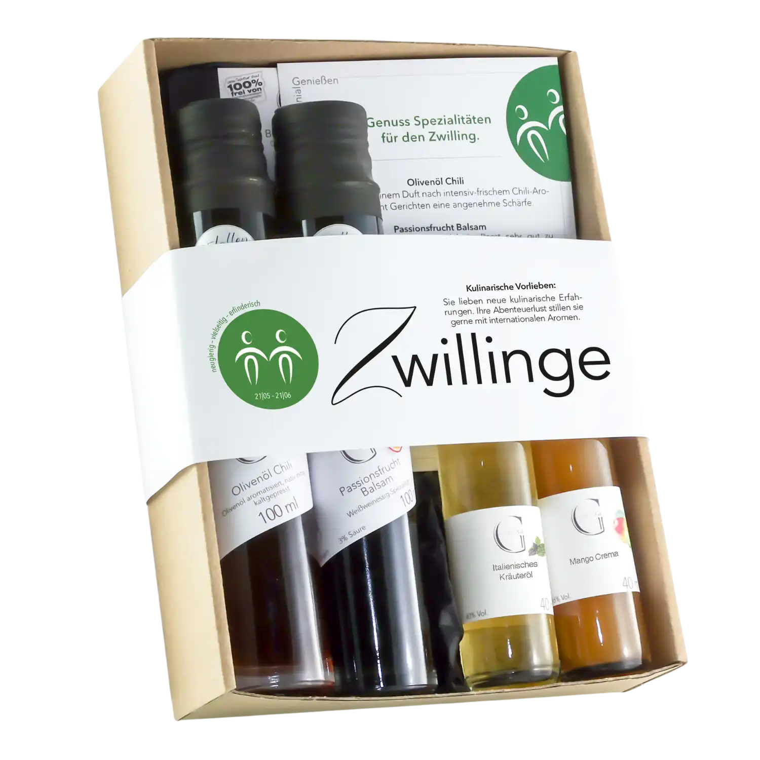 Das Sternzeichen-Set – Zwillinge enthält zwei Ölflaschen, zwei kleinere Gewürzflaschen aus Glas und eine Karte, alles hübsch verpackt in einer hellbraunen Schachtel mit weißen und grünen Akzenten.