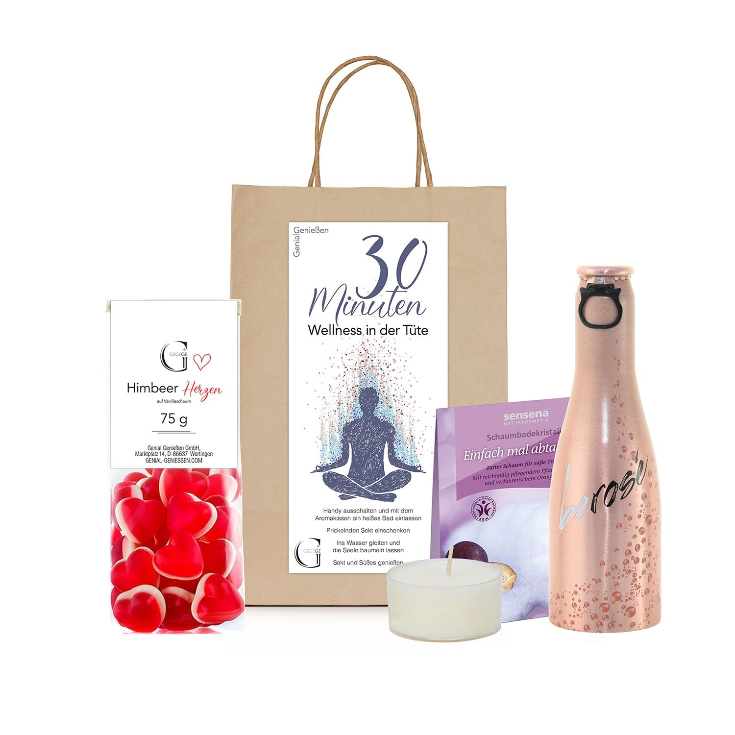 Die 30 Minuten Wellness – Geschenktüte besteht aus einer braunen Tasche mit einer pinkfarbenen Metallic-Wasserflasche, herzförmiger Seife, entspannendem Badesalz, Schokolade und roten Rosenblättern für pure Entspannung.