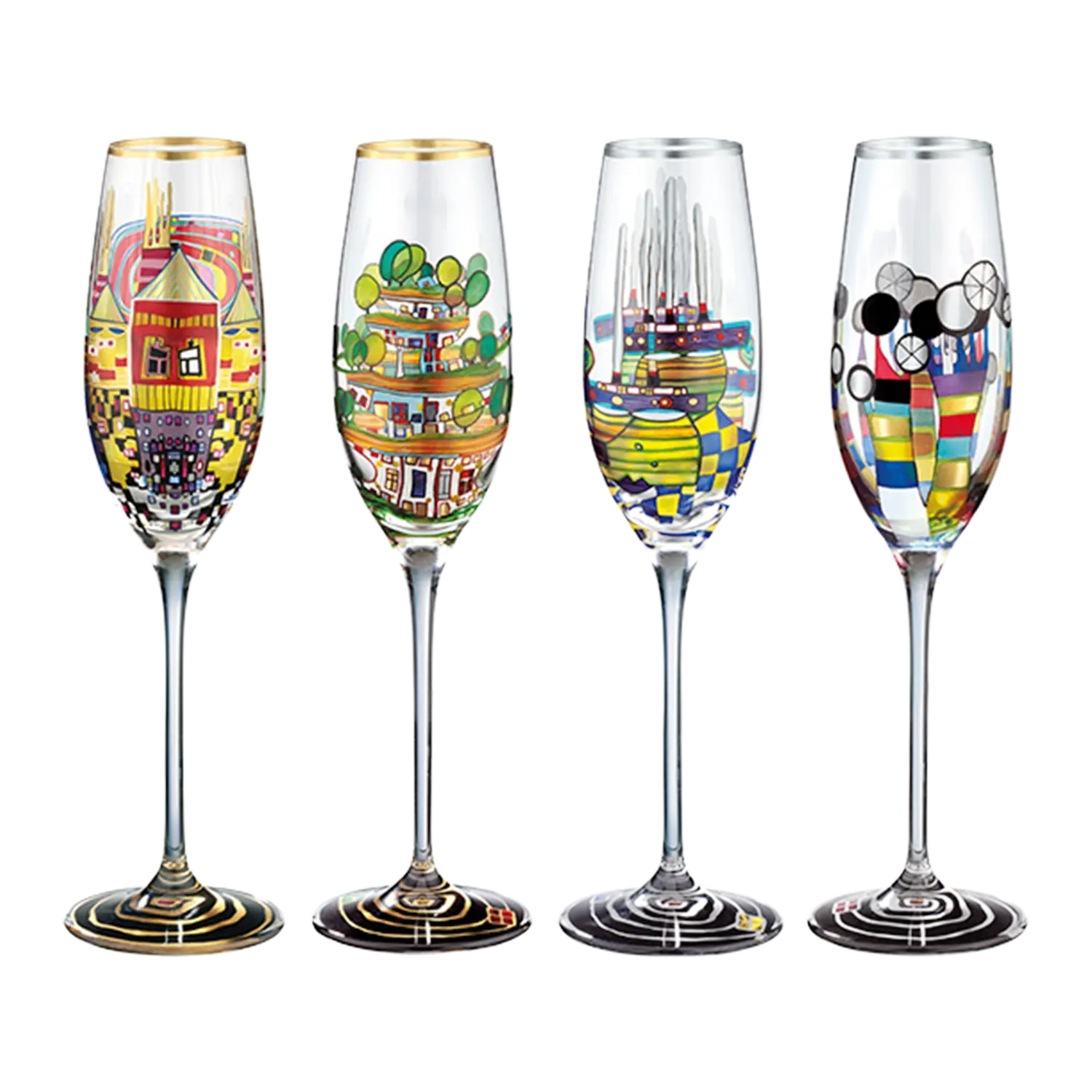 4-teiliges Gläserset mit künstlerischem Design von Porzellanmanufaktur Tettau.