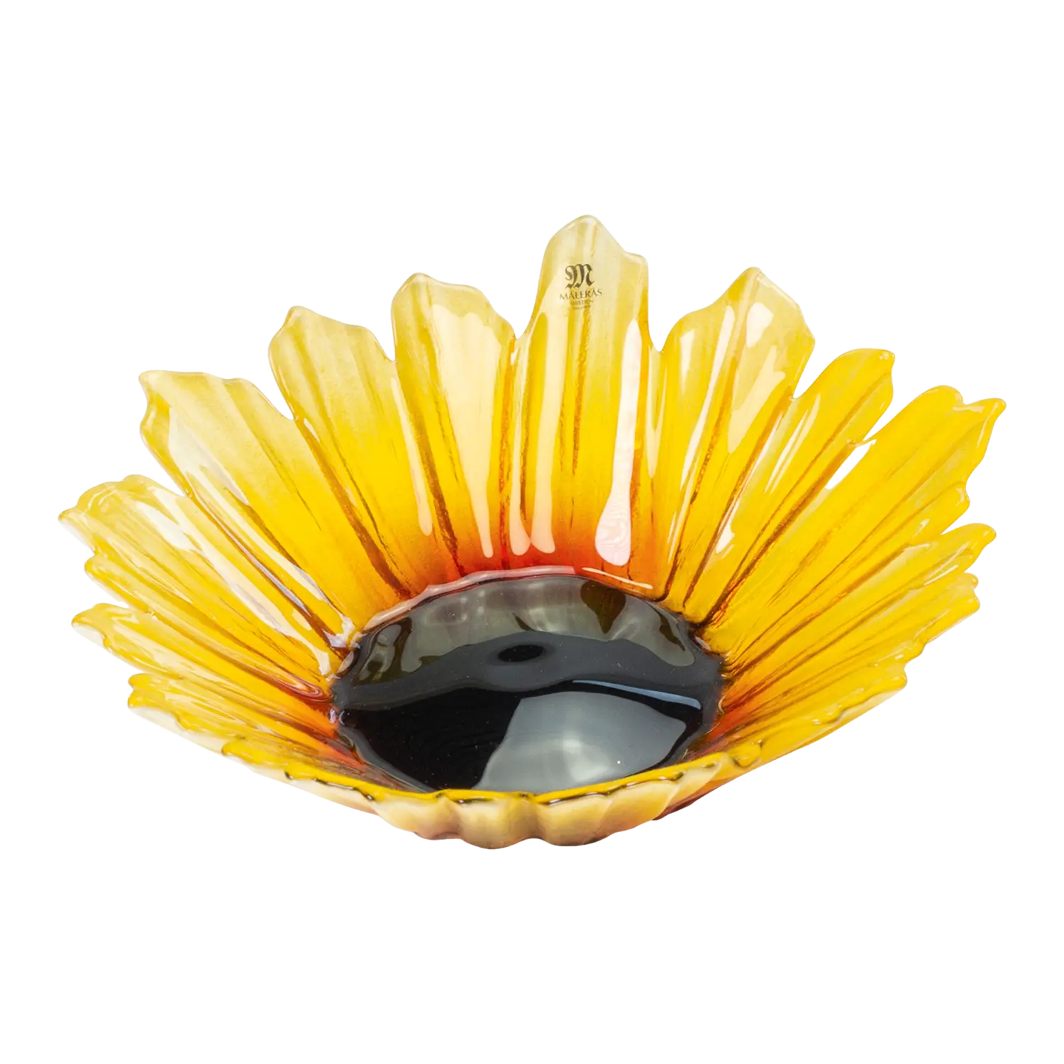 Glasschale "Sonnenblume" im Stil schwedischer Glaskunst auf weißem Hintergrund.