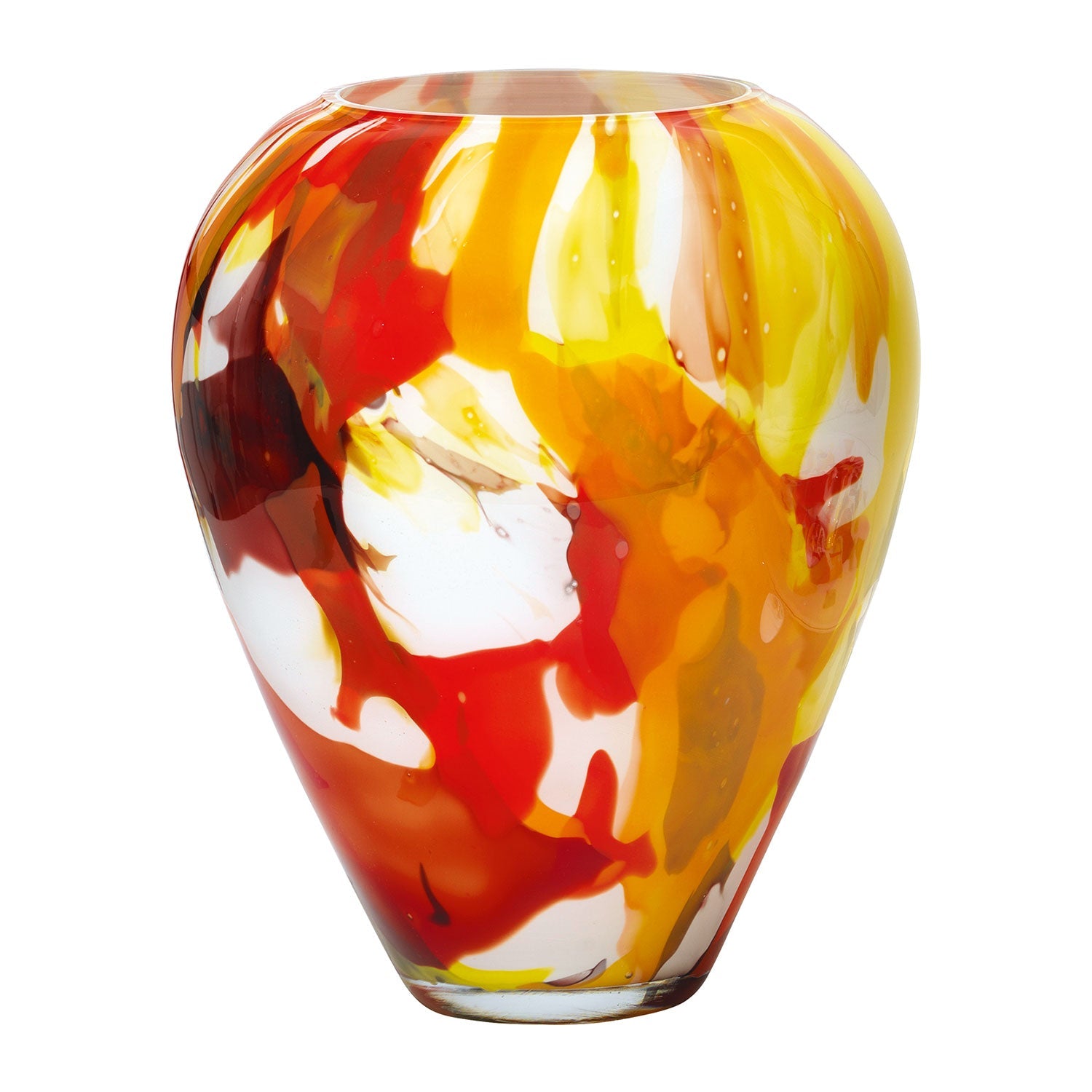 Die Glasvase „Amarillo“ ist ein lebendiges, handgefertigtes Stück mit wirbelnden Mustern in Rot, Gelb, Weiß und Orange, die abstrakte Flammen imitieren. Ihr einzigartiges Design mit glänzender Oberfläche und bauchiger Form unterstreicht den dynamischen und farbenfrohen Look.