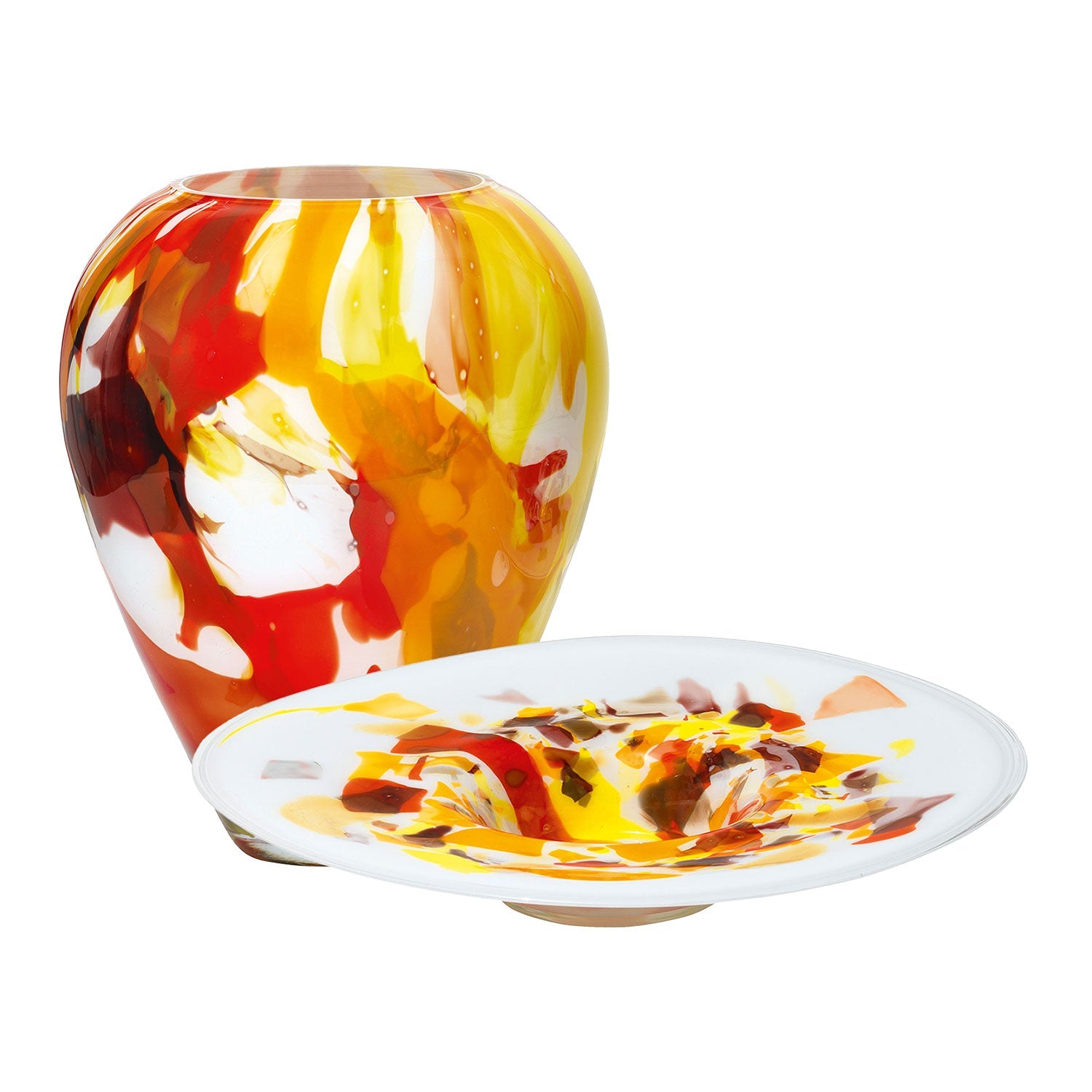 Das Glasvase- und -schale-Set „Amarillo“ besteht aus einer farbenfrohen Keramikvase mit abstrakten roten, gelben und weißen Farbspritzern und einem überwiegend weißen Teller, der diese lebendigen Muster widerspiegelt. Beide Unikatstücke haben eine glänzende Oberfläche, die an Glaskunst-Designs erinnert.