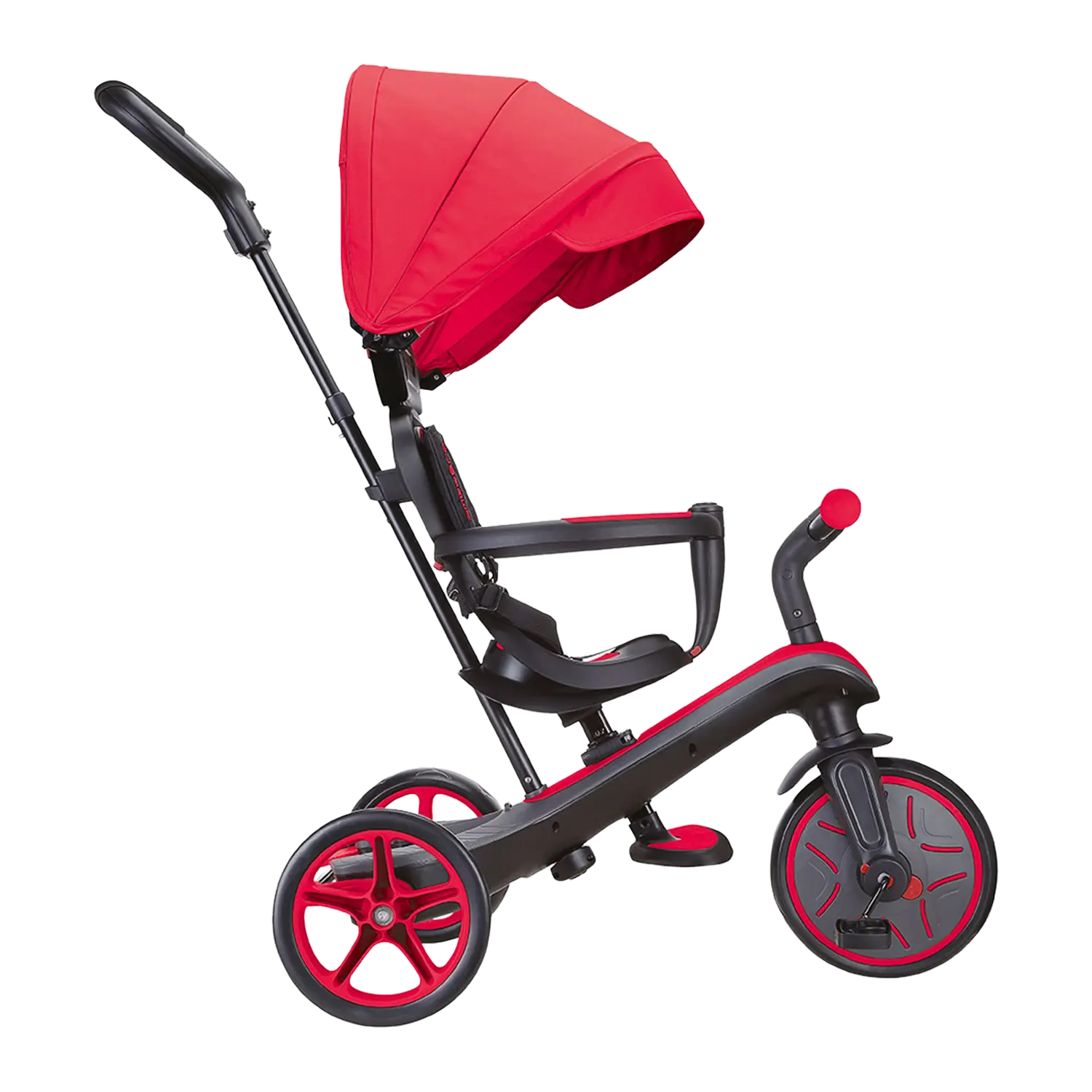 Globber Kinderfahrzeug 4 in 1, rot/schwarzer Dreiradkinderwagen mit Verdeck.