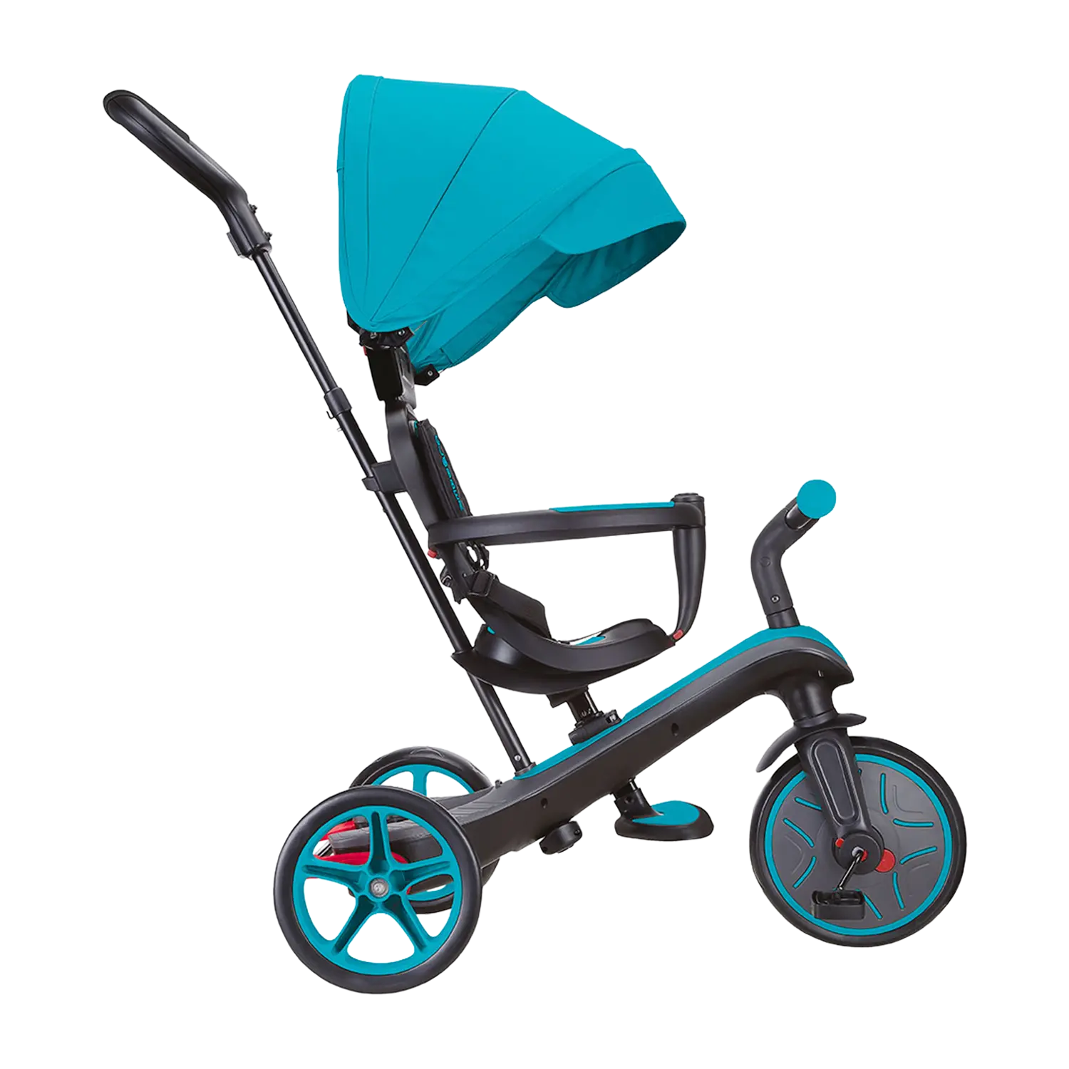 Globber Kinderfahrzeug 4 in 1: blau-schwarzer Kinder-Dreirad-Kinderwagen mit Verdeck.