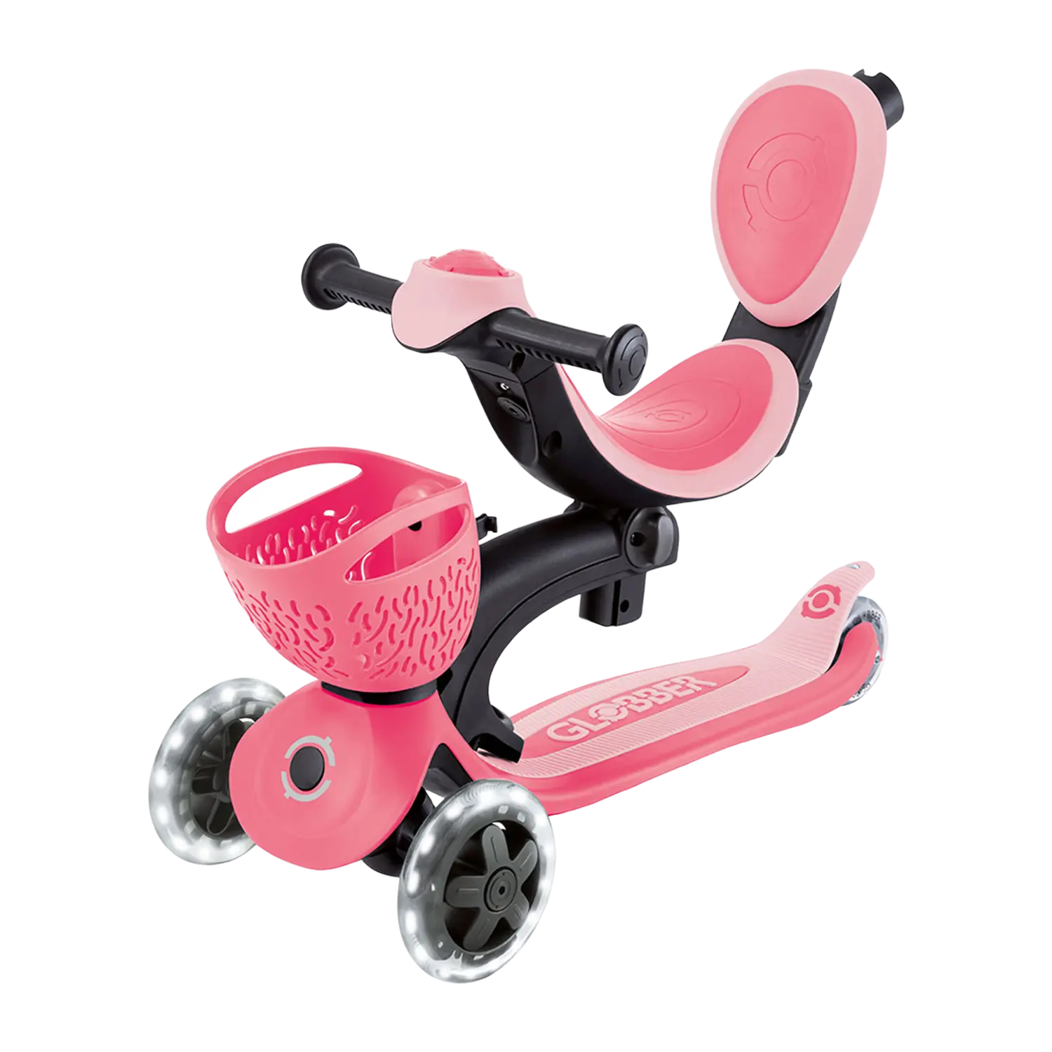Globber Go-Up Baby Kinderfahrzeug: rosa/schwarzer Scooter mit Sitz, Korb, Beleuchtung.