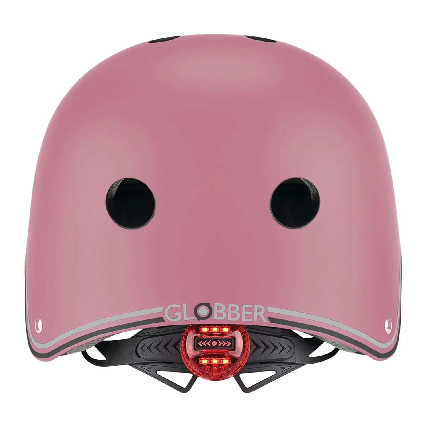 Rückansicht des Globber Kinderscooter-Helms in Pink mit Lüftungsschlitzen und LED-Licht.