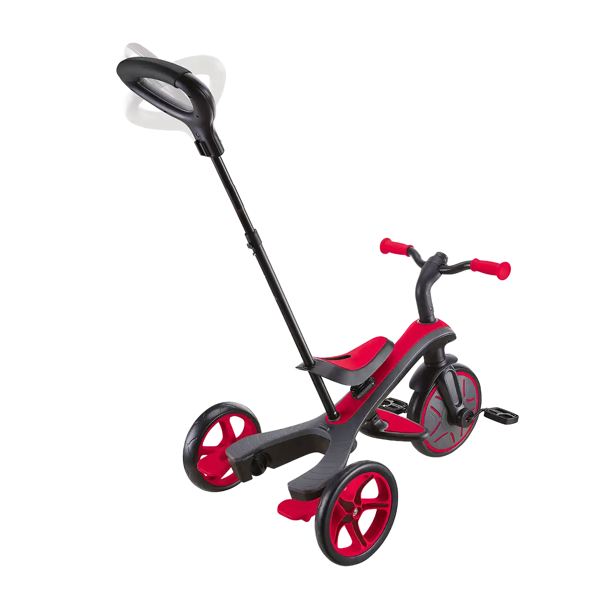 Globber Kinderfahrzeug 4 in 1, rot/schwarzes Dreirad mit Schiebegriff.