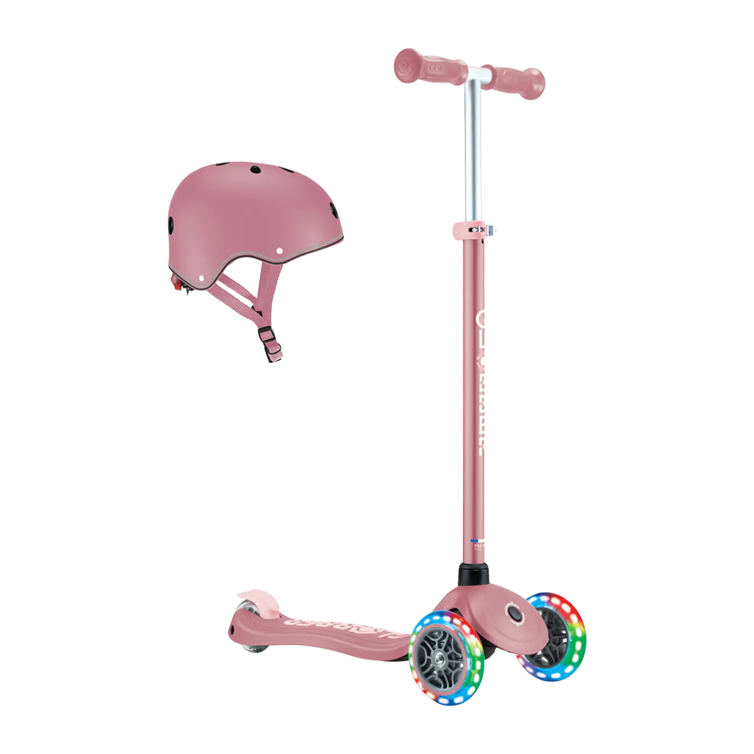 Globber Kinderscooter mit Helm in Pink, mit LED-Rädern für sichere Fahrten.