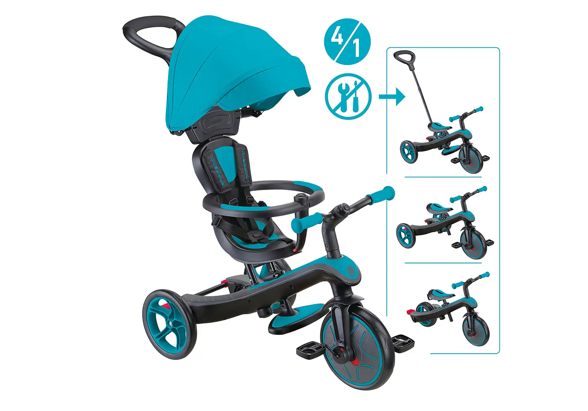 Globber Kinderfahrzeug 4 in 1: blau/schwarzes Cabrio-Dreirad mit Verdeck abgebildet.