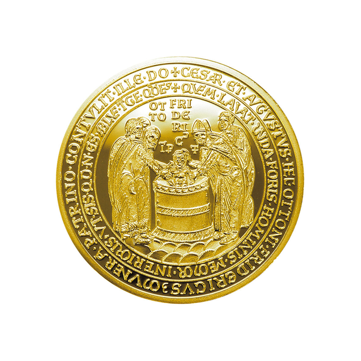 Der Göppinger Stadttaler 2020 – Feingold ist eine runde Goldmedaille mit filigranen Motiven: drei Figuren um ein Becken und einer lateinischen Randinschrift. Sie erinnert an den Charme des klassischen Stadttalers. Seine detailreiche Gestaltung und sein historischer Wert machen ihn bei Sammlern äußerst begehrt.