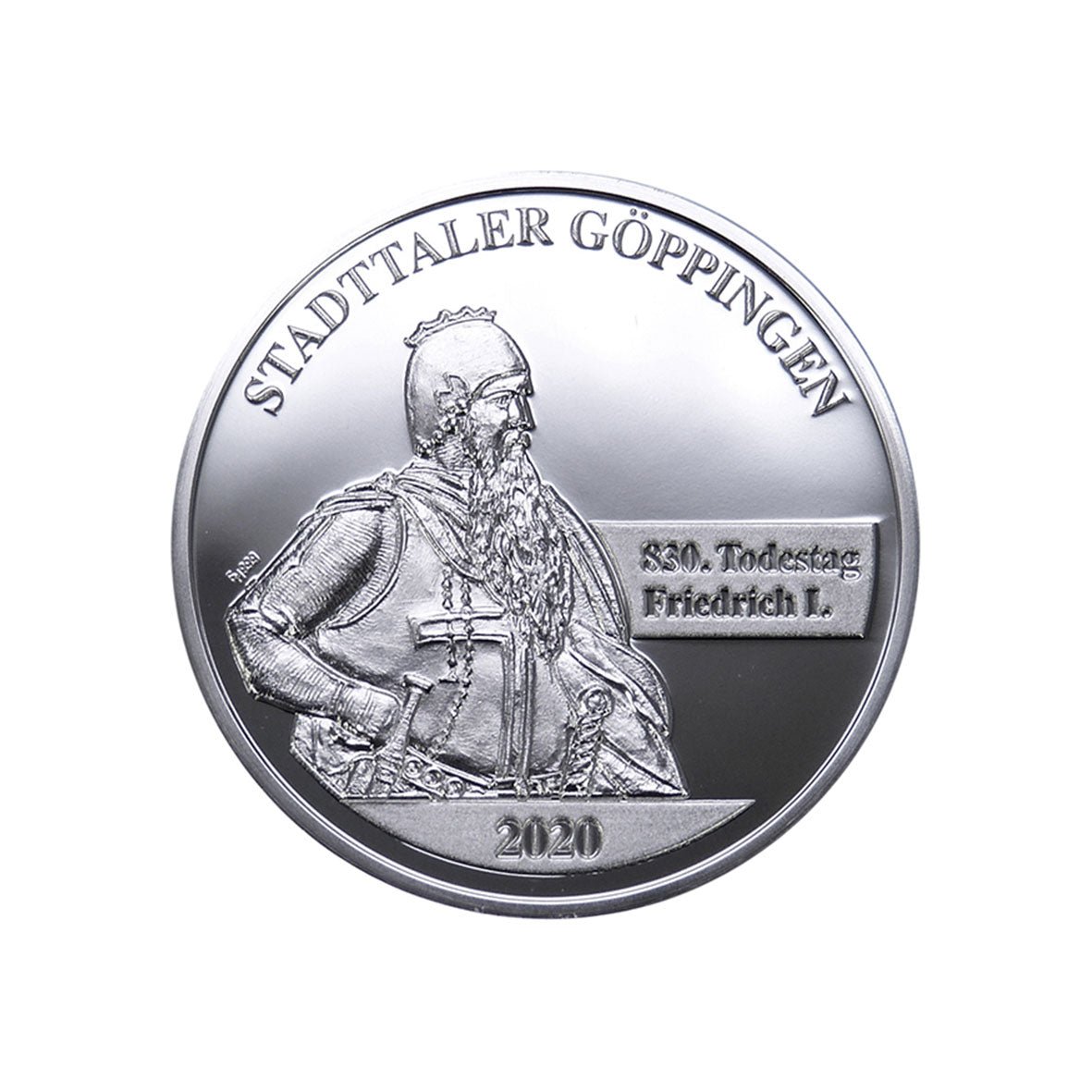 Der Göppinger Stadttaler 2020 – Feinsilber zeigt einen gravierten mittelalterlichen Ritter mit Schwert, die Inschrift „STADTTALER GÖPPINGEN“, „850. Todestag Friedrich I.“ und die Jahreszahl „2020“, was ihn für Sammler wertvoll macht.