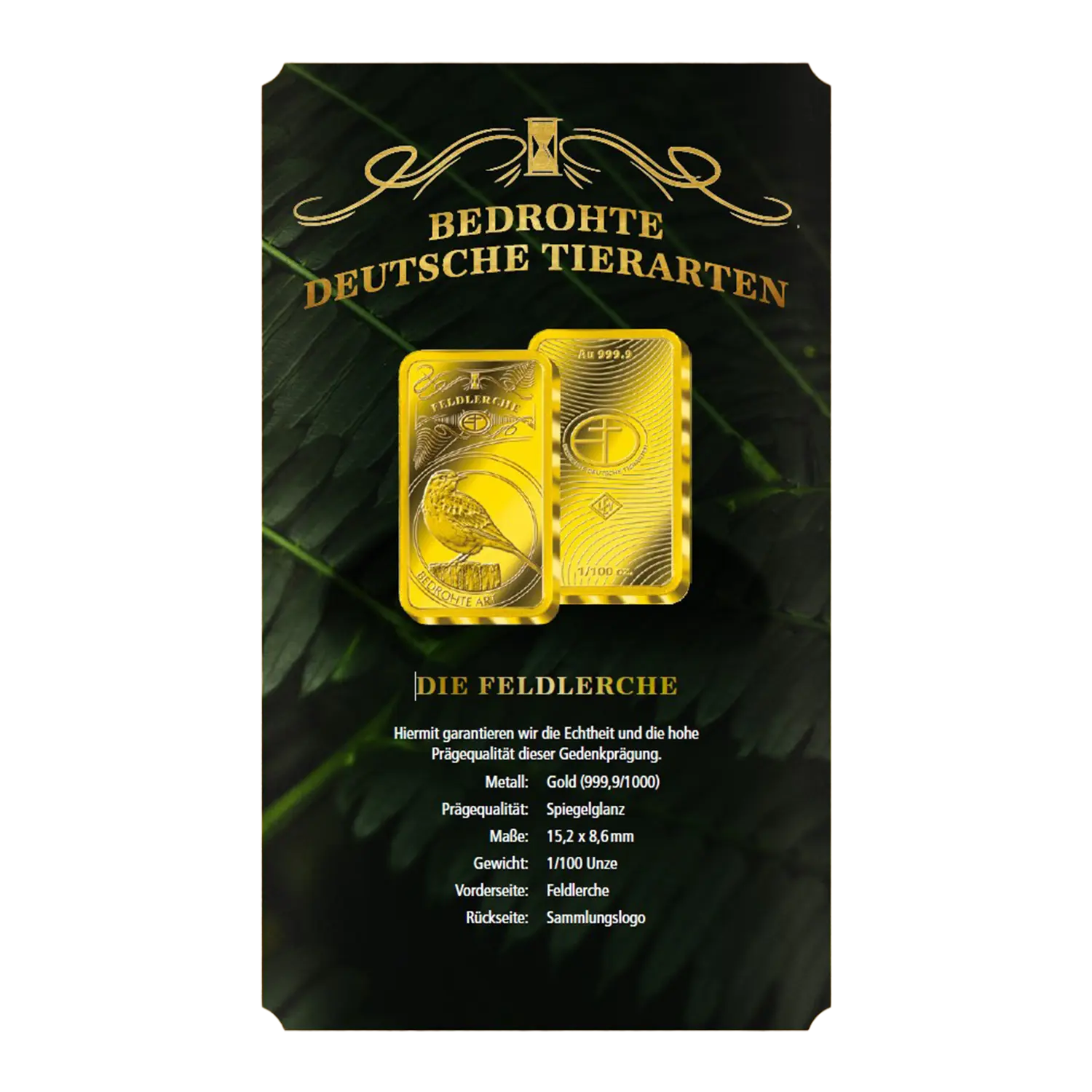 Goldbarren Bedrohte Tierarten Feldlerche mit Vogelgravuren und dunklen Blättern.