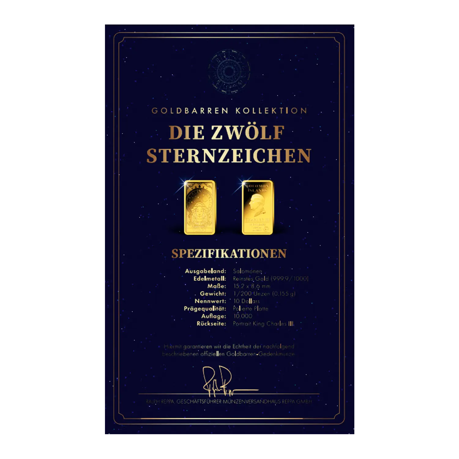 Zwei Goldbarren Sternzeichen Jungfrau als Sammlerstück mit Zertifikat.