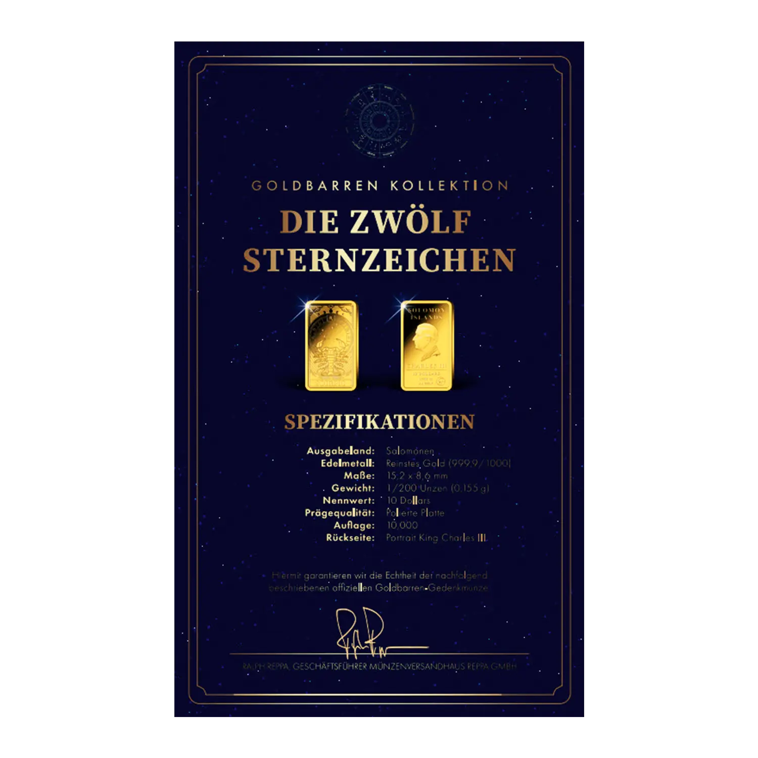 Zertifikat mit 9er Feingoldbarren und deutschem Text auf Goldbarren Skorpion.