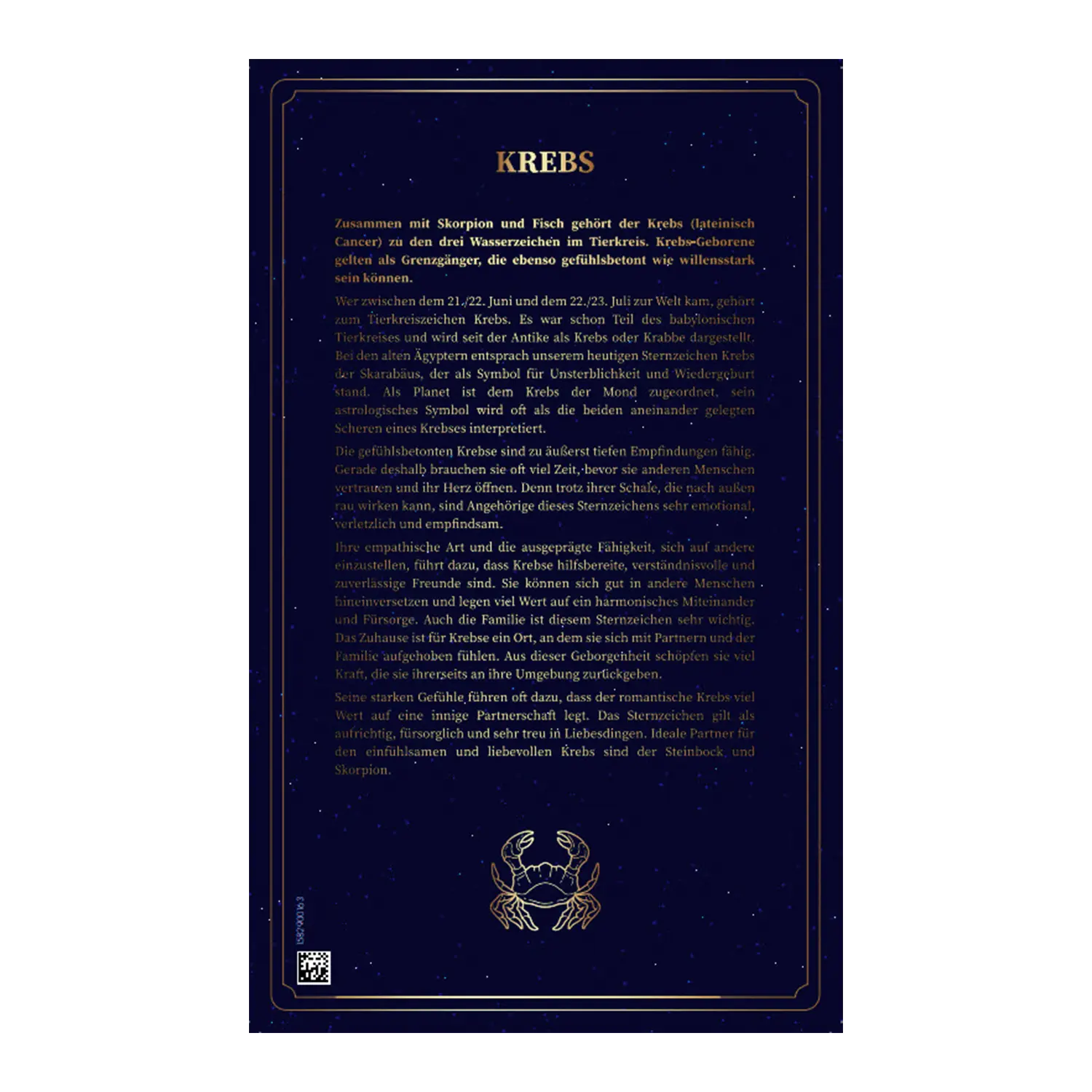 Deutscher Text über Krebs, inkl. Goldbarren Sternzeichen Krebs und Krabbe unten.