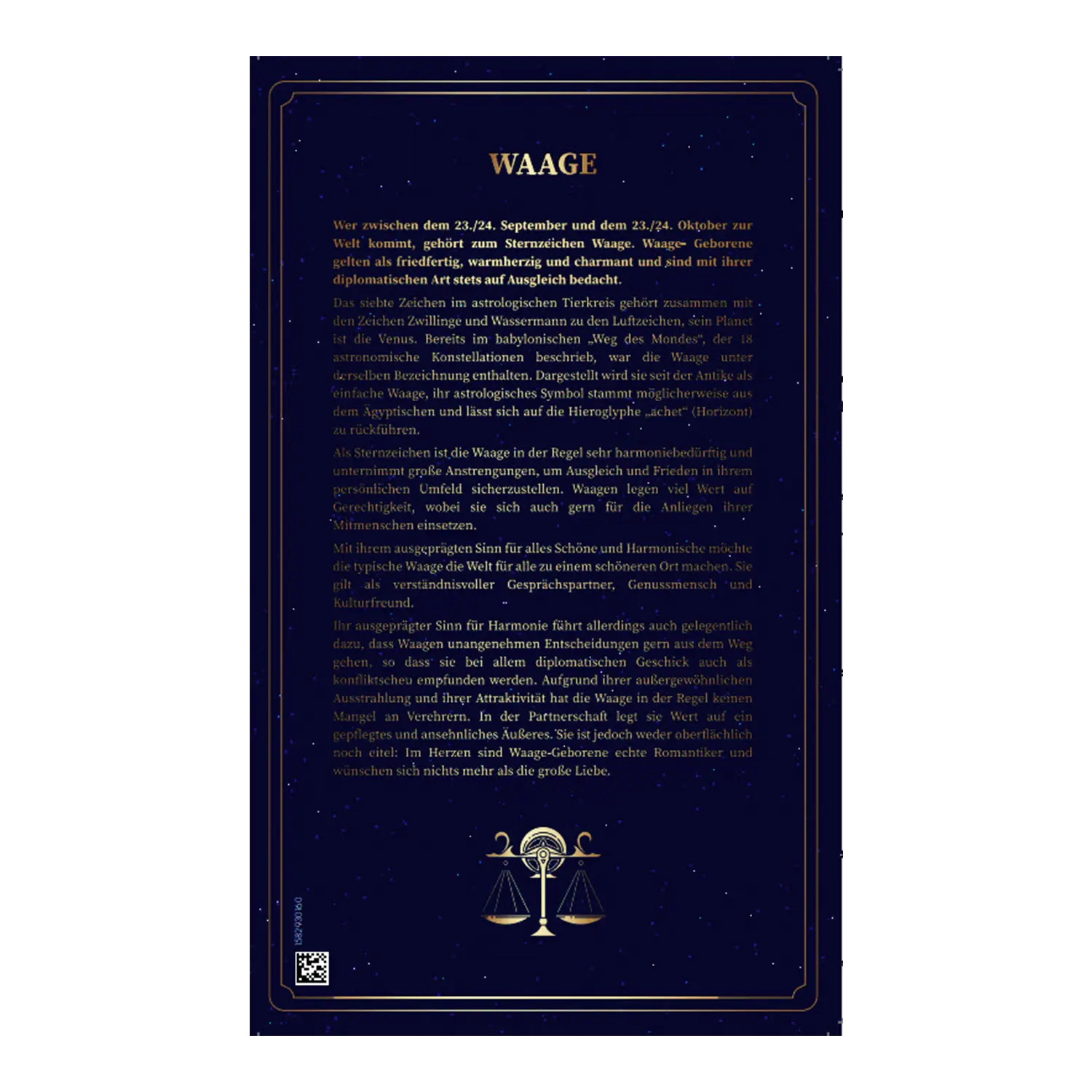 Eine dunkelblaue Karte über Goldbarren Sternzeichen Waage mit deutschem Text.