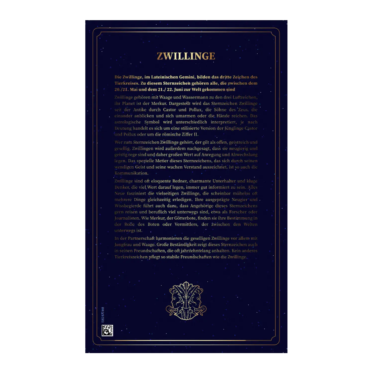 Dunkelblaue Karte mit Goldbarren Sternzeichen Zwillinge und 999,9er Feingold.