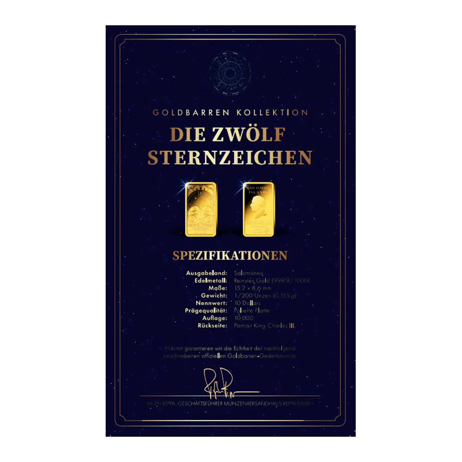Ein Poster von Goldbarren Sternzeichen Widder mit 999,9 Feingoldbarren und deutschem Text.
