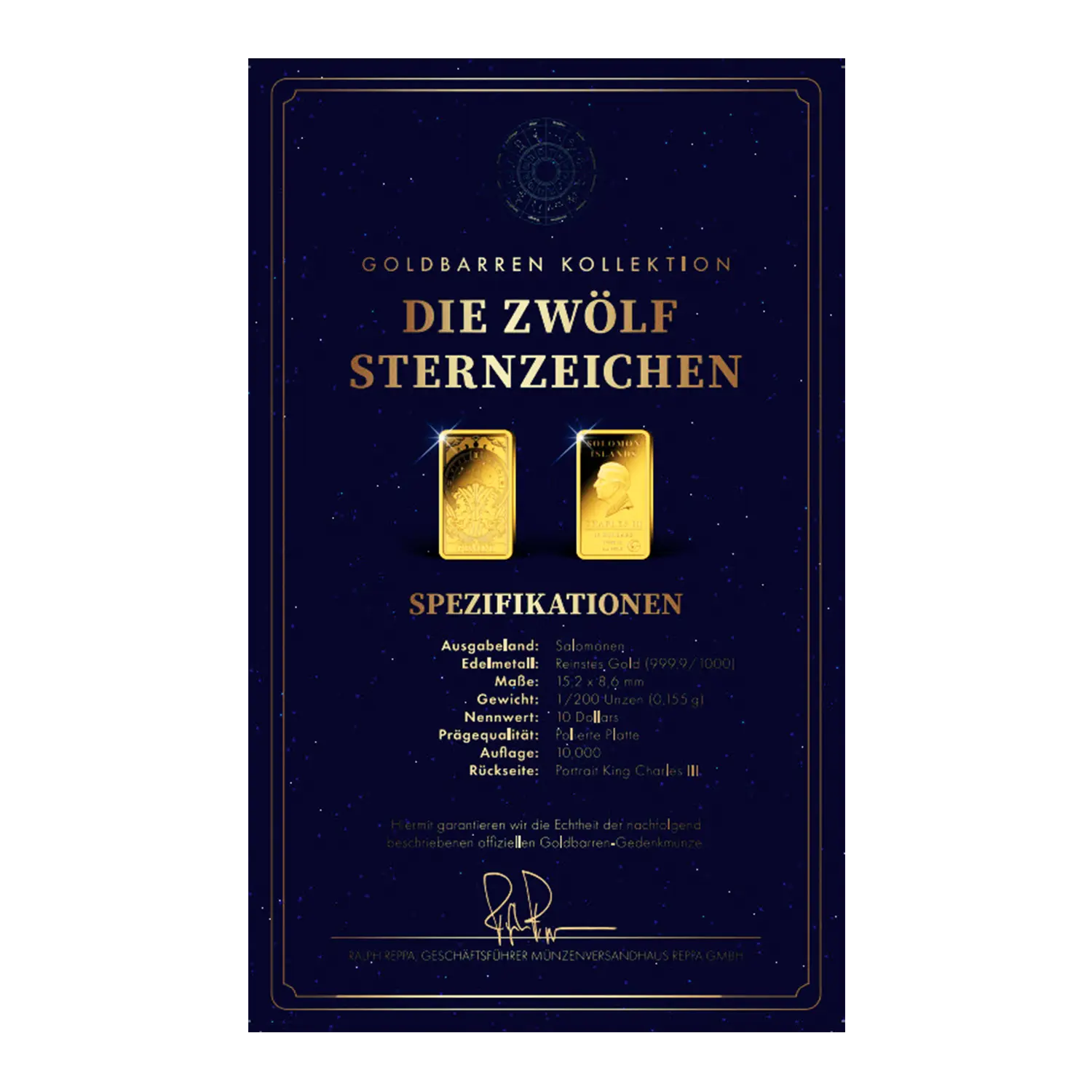Zertifikat mit zwei Goldbarren Sternzeichen Zwillinge, 9er Feingold 999, deutsche Spezifikation.