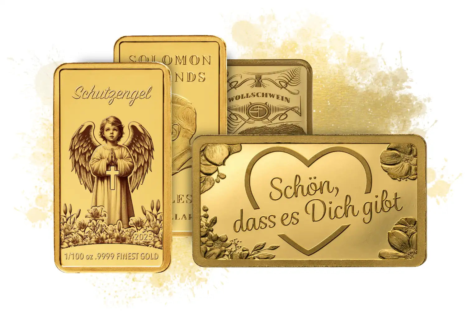 Vier Goldbarren mit verschiedenen eingravierten Motiven und deutschen Inschriften.