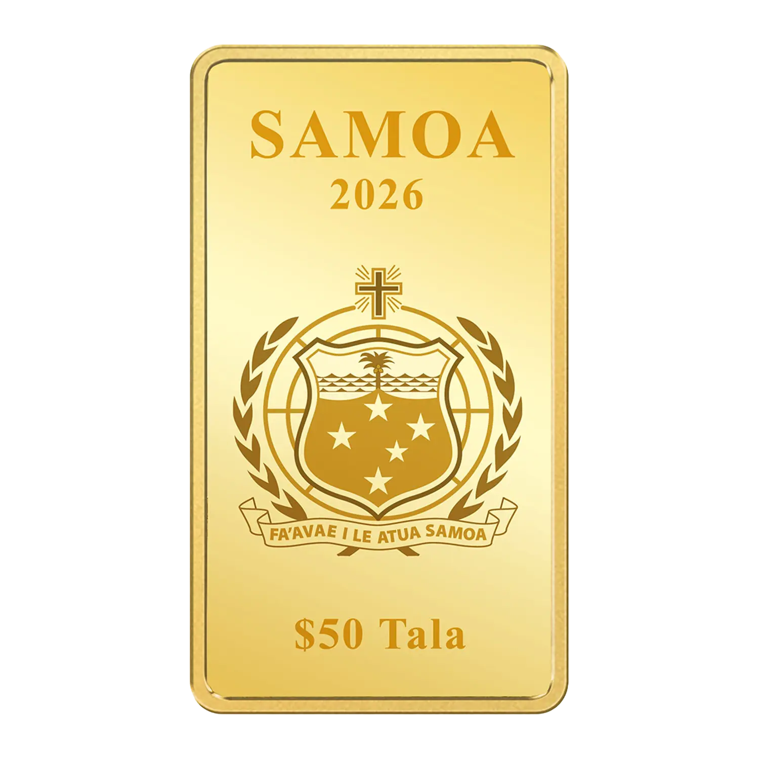 Goldbarren Glücksschwein-Münze: Samoa 2026, Wappen, 50 Tala, abgerundete Ecken.