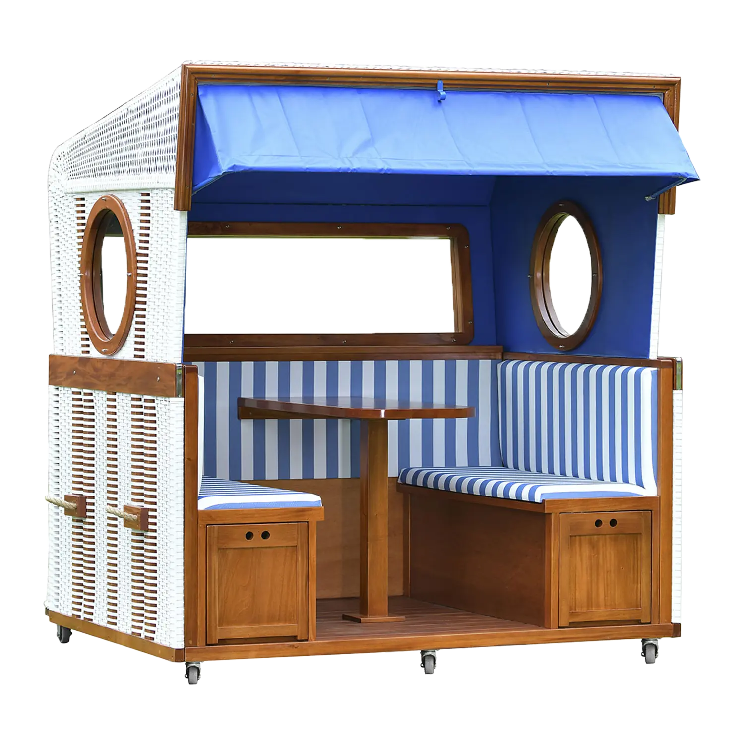 Strandkorb 6-Sitzer Gosch-Lounge, blau-gestreift, mit Tisch und Baldachin.