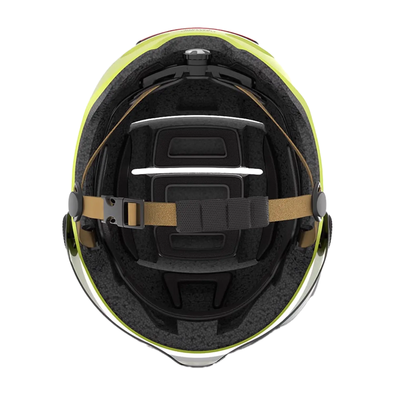 Draufsicht auf Fahrradhelm mit Visier, Bremslicht und SOS-Alarm, Polsterung sichtbar.