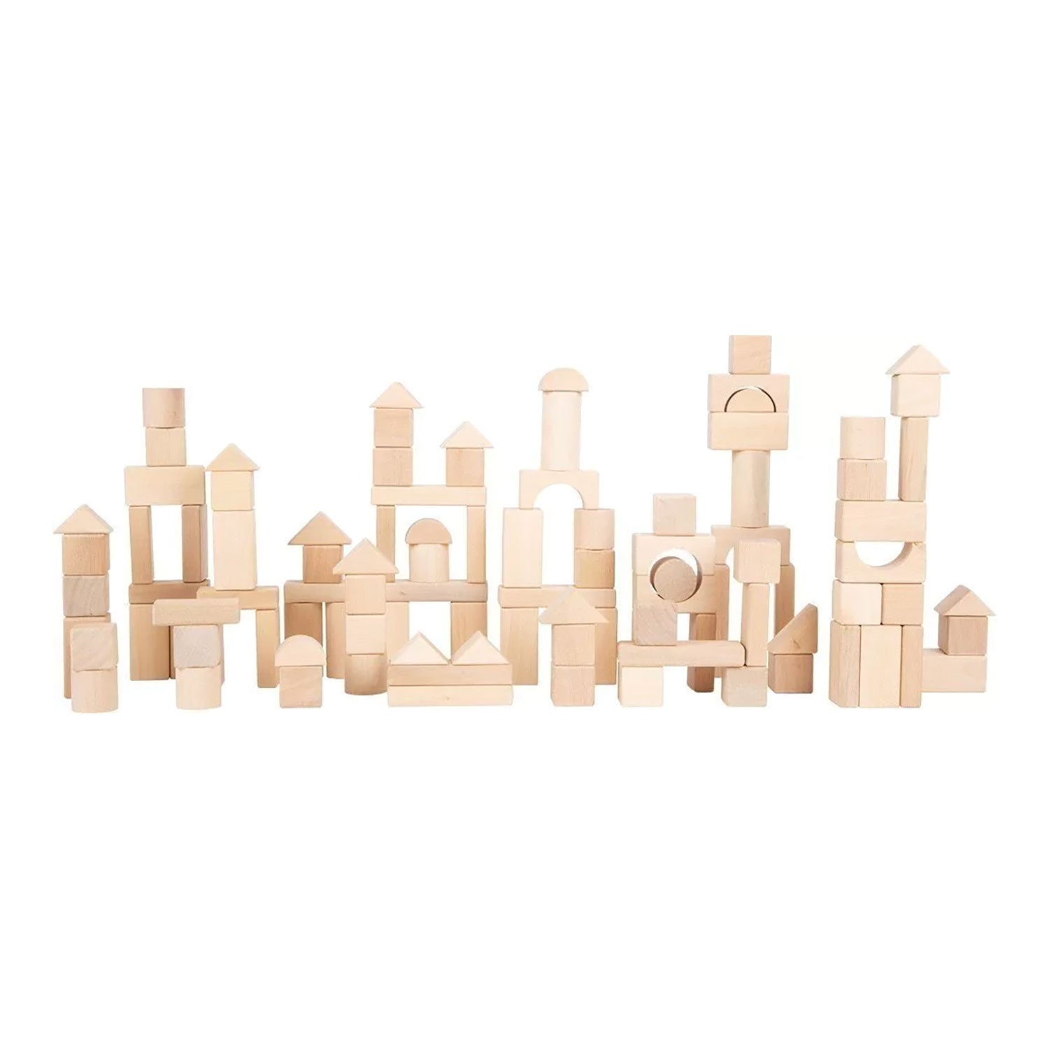 Holzbausteine natur fördern die Feinmotorik beim Bauen von Strukturen.
