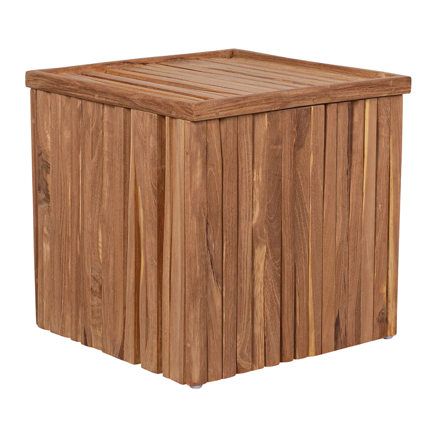 Teak Box Hocker Oxford: quadratische Aufbewahrungsbox aus Holz mit Lattenrostdeckel.