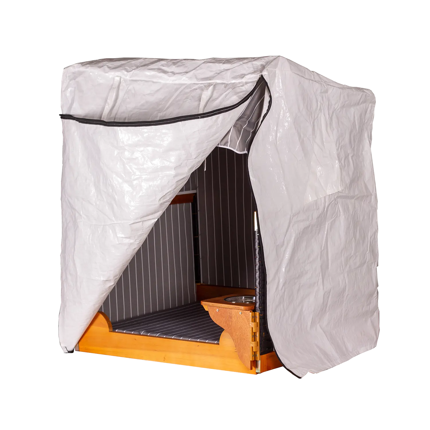 Der Hundestrandkorb ist ein Strandstuhl aus Wachholderholz mit einem einziehbaren grauen Dach, das teilweise die rotgestreifte Polsterung freigibt, und einem kleinen Beistelltisch – ideal für sonnige Tage. Dieser UV-beständige Stuhl bietet Ihrem Hund dauerhaften Komfort.