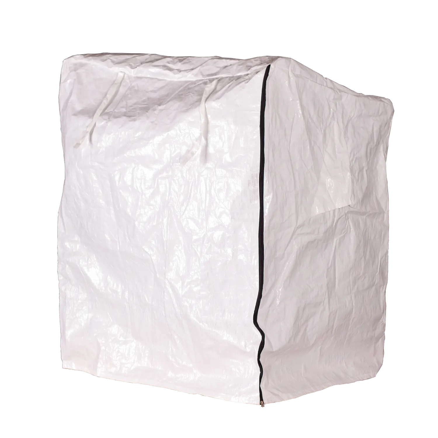 Vor einem schlichten Hintergrund steht ein großer, quadratischer, UV-beständiger weißer Polyethylenbeutel mit verstärkten Nähten und einer schwarzen vertikalen Linie, ideal für den industriellen Einsatz oder die Lagerung.
