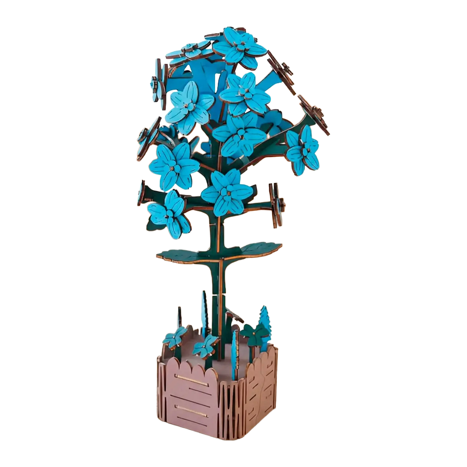 Holzprodukt 3D-Puzzle Set Veilchen Hyazinthe: Holzbaum mit blauen Blumen.