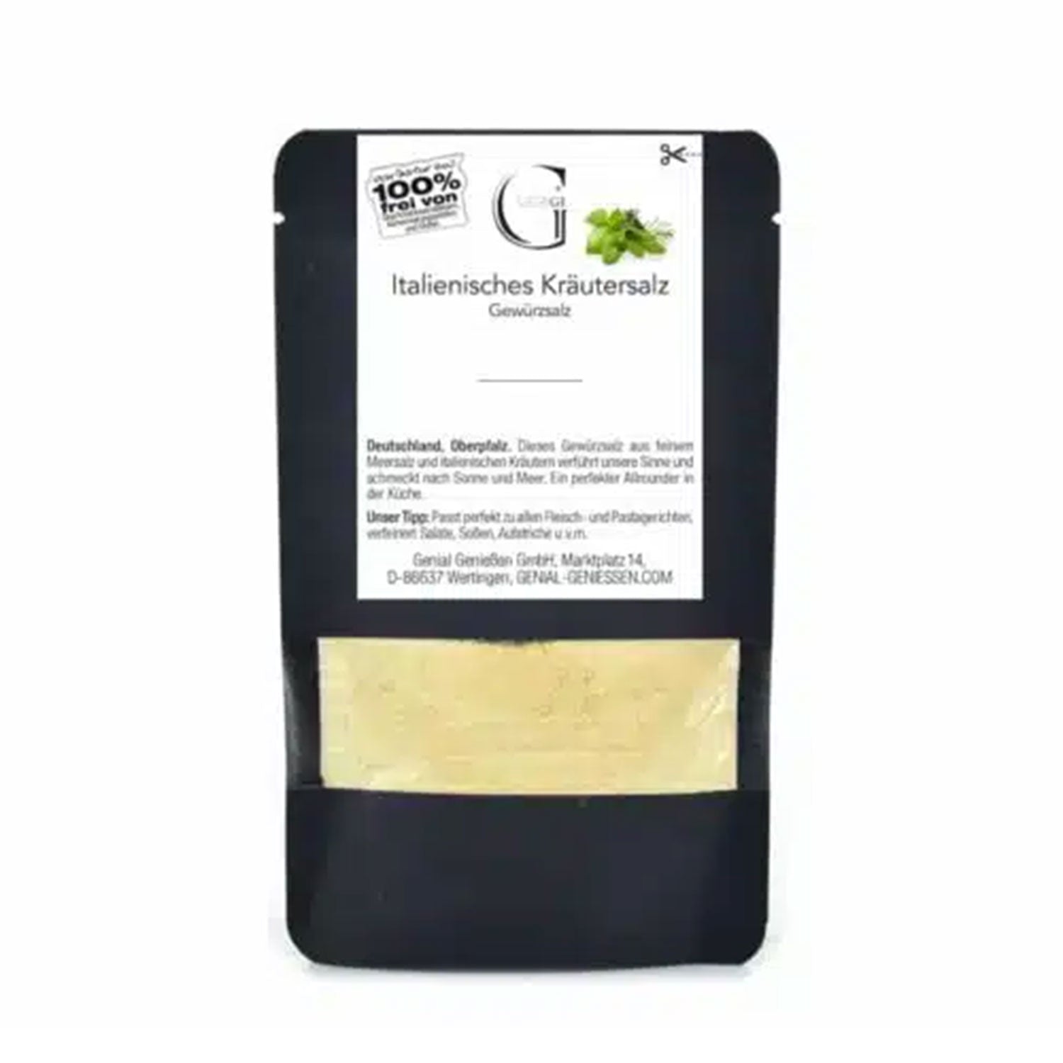 Eine Packung italienisches Kräutersalz mit deutscher Beschriftung auf weißem Hintergrund.