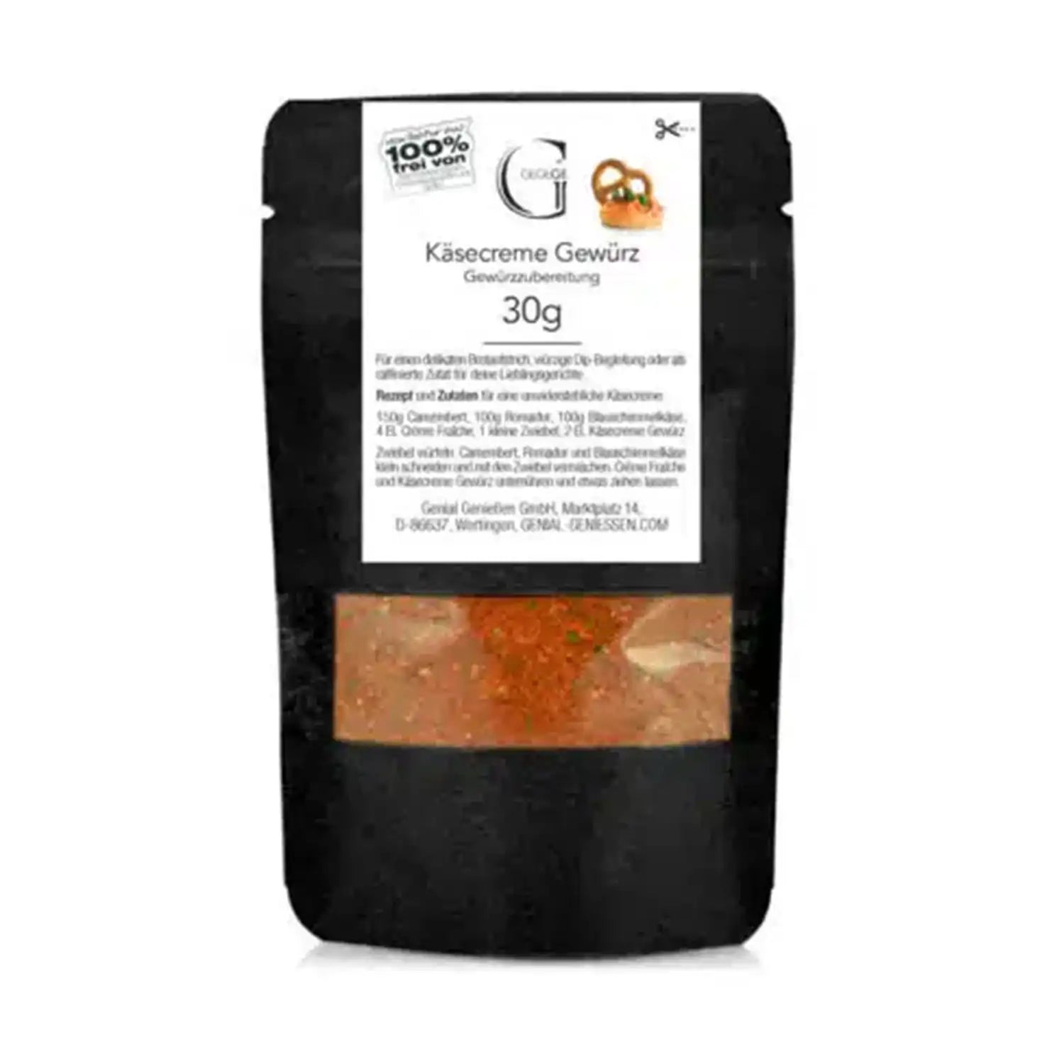 Schwarzer Beutel mit Käsecreme Gewürz mit Sichtfenster und Etikett.