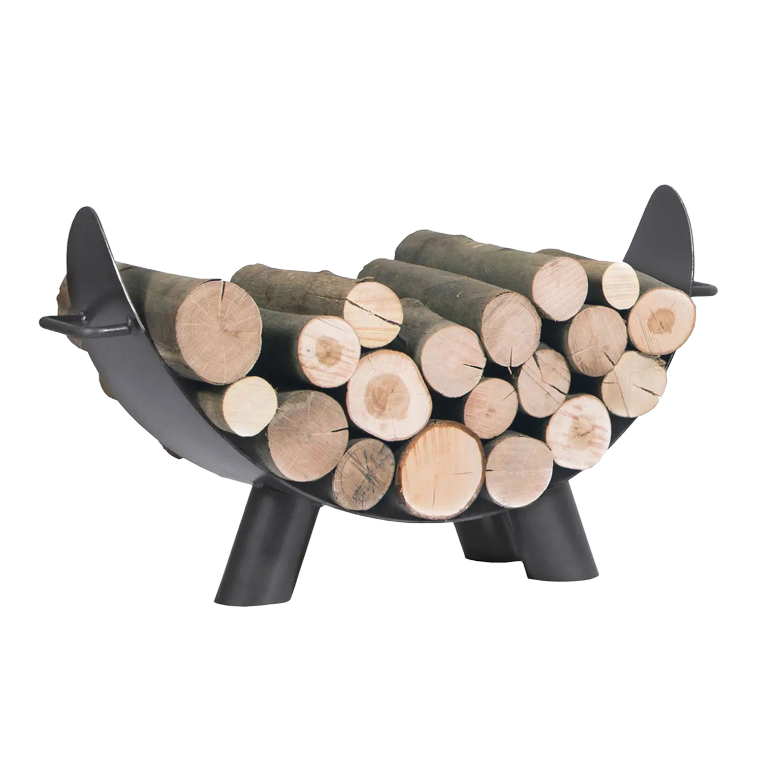 Das Kaminholzregal Colorado aus Metall hält gestapelte Holzscheite ordentlich auf weißem Grund.