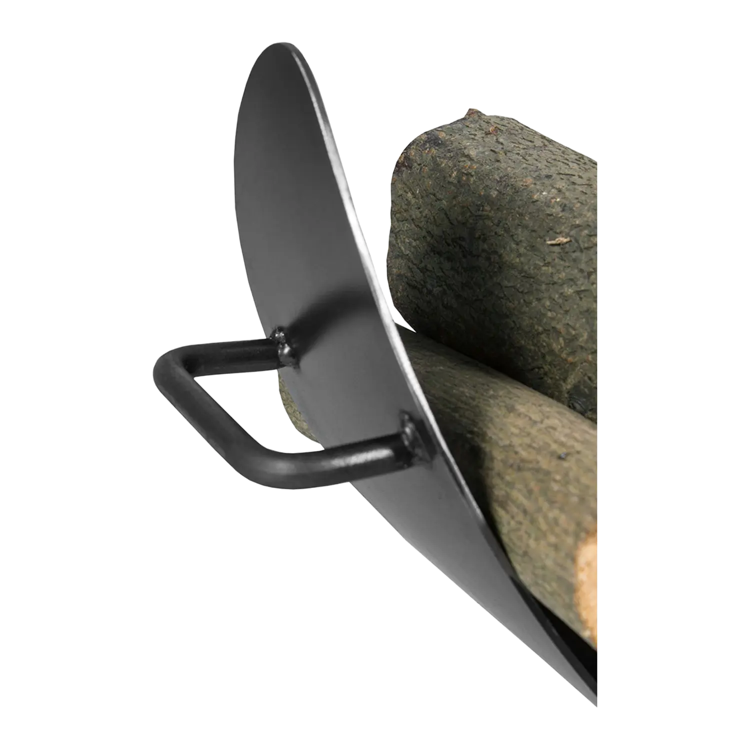 Nahaufnahme von Kaminholzregal Colorado, einem mit Brennholz gefüllten schwarzen Metallscheithalter.