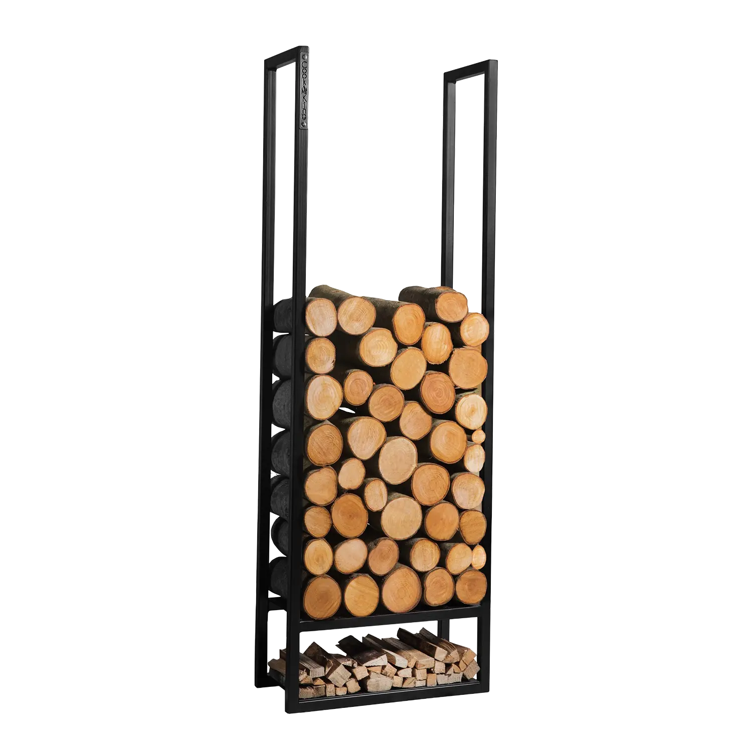 Kaminholzregal Missouri: hohes schwarzes Metallregal zur stilvollen Aufbewahrung von Kaminholz.