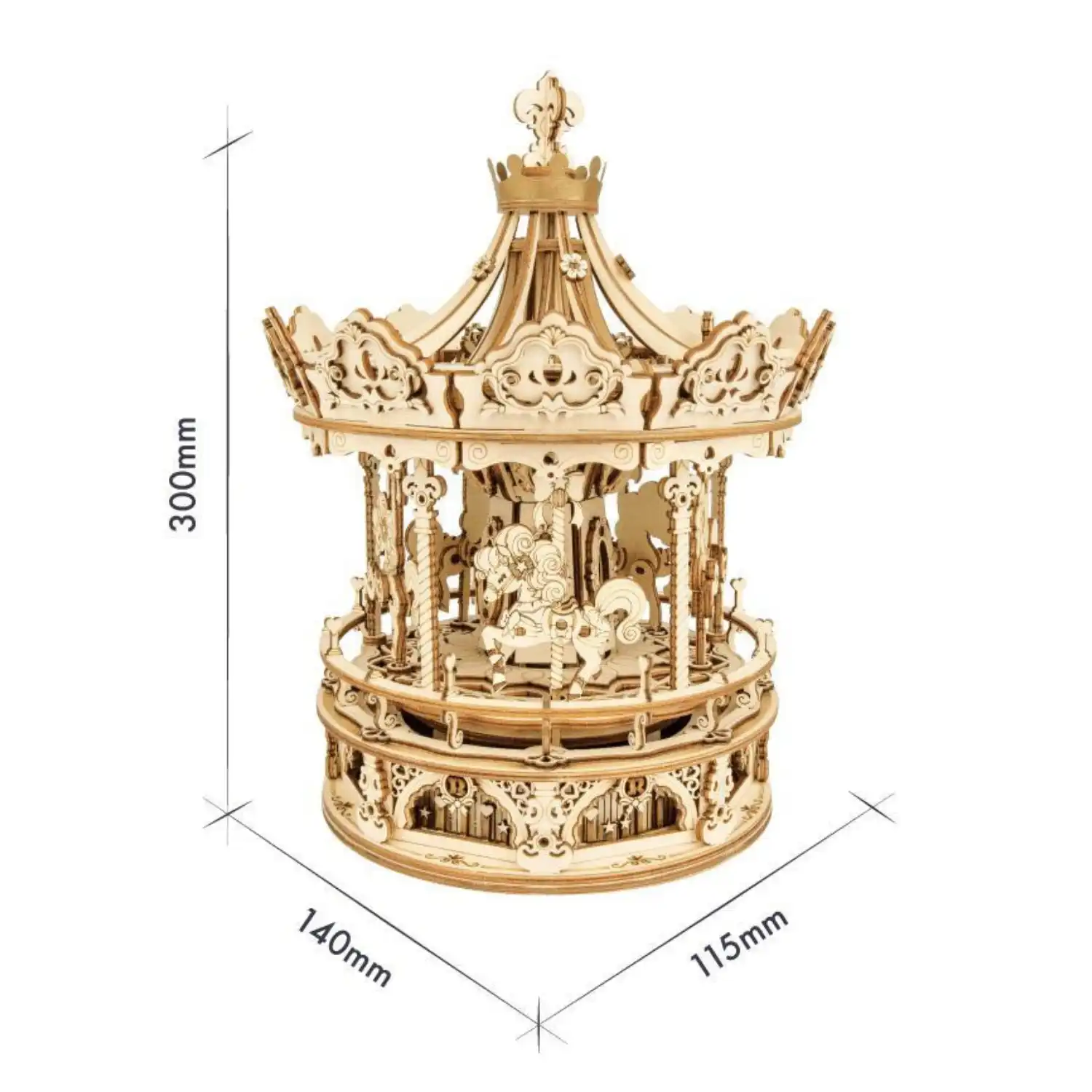 Dieses 3D-Holzpuzzle Karussell mit Spieluhr ist ideal für Heimwerker. Es besticht durch exquisite Details wie Pferde auf Stangen und ein verziertes Dach. Mit Abmessungen von 300 mm Höhe, 140 mm Breite und 115 mm Tiefe verspricht es ein fesselndes Projekt.