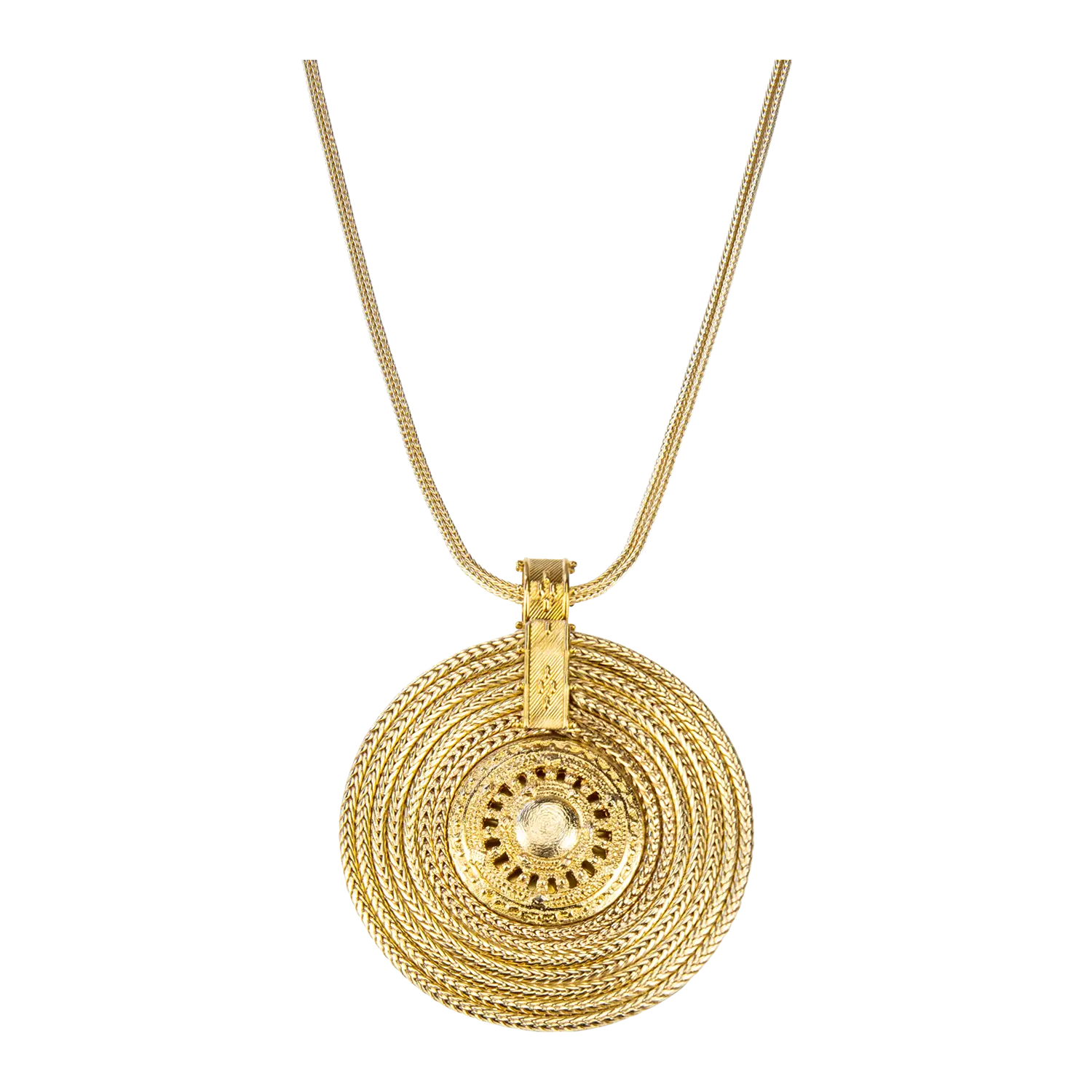 Spirituelles Schmuckset Aton-Sonnenrad Goldhalskette mit großem Anhänger.