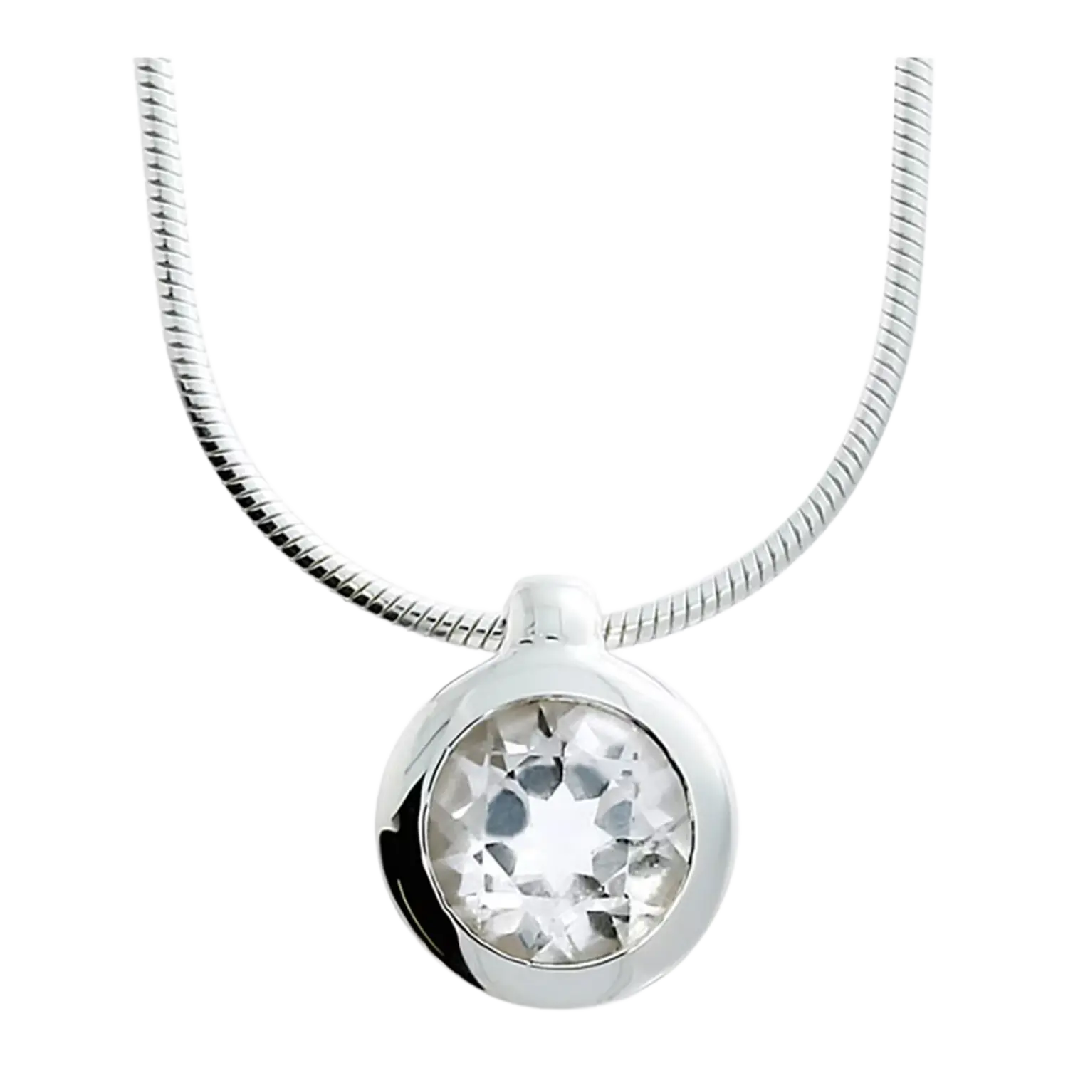 Silberschmuck Anhänger Weißer Topas 7mm an 925er Silber Schlangen-Kette.